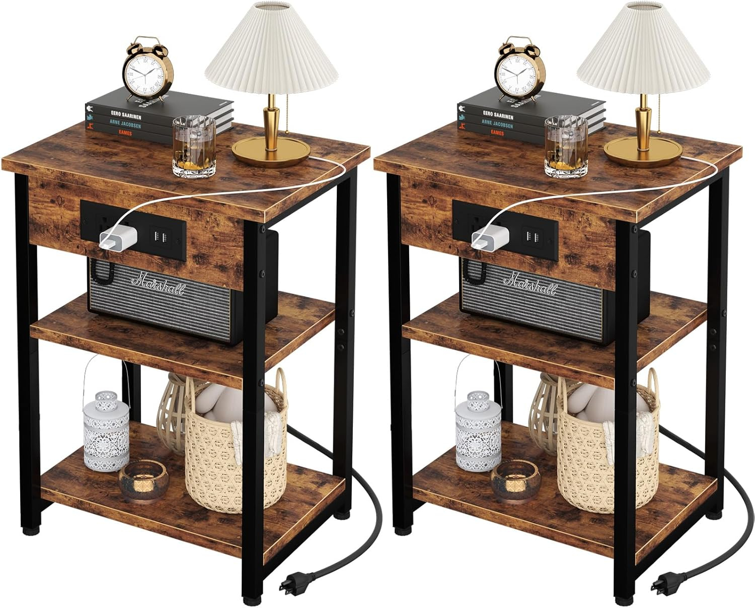 Rustic Brown 3-Tier End Tables with USB Charging Station
