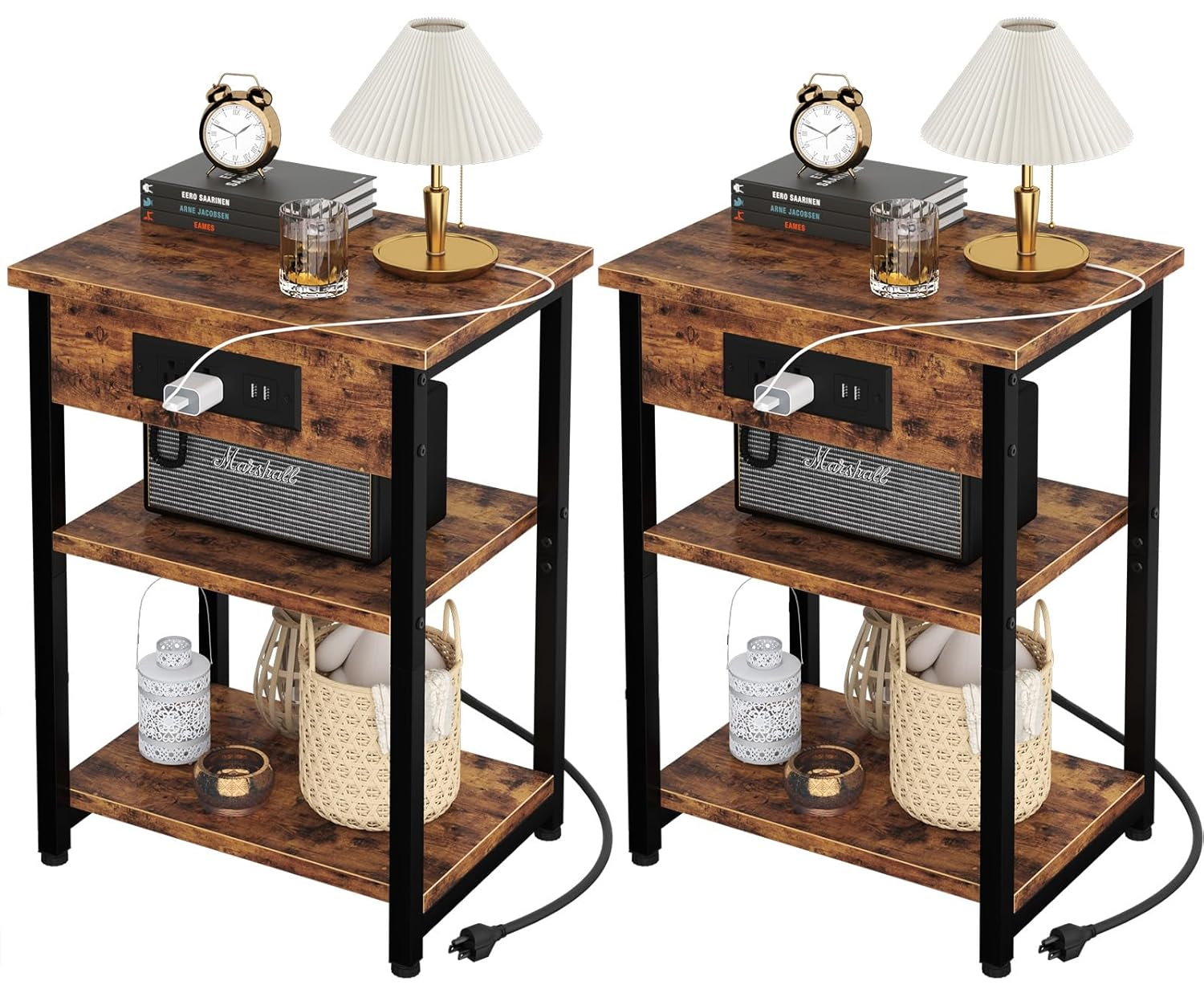 End Tables Set of 2 with Charging Station USB Ports, 3 Tier Tall Night Stand with Storage Shelves, Record Player Stand Narrow Side Table for Small Space Living Room Bedroom Office, Rustic Brown