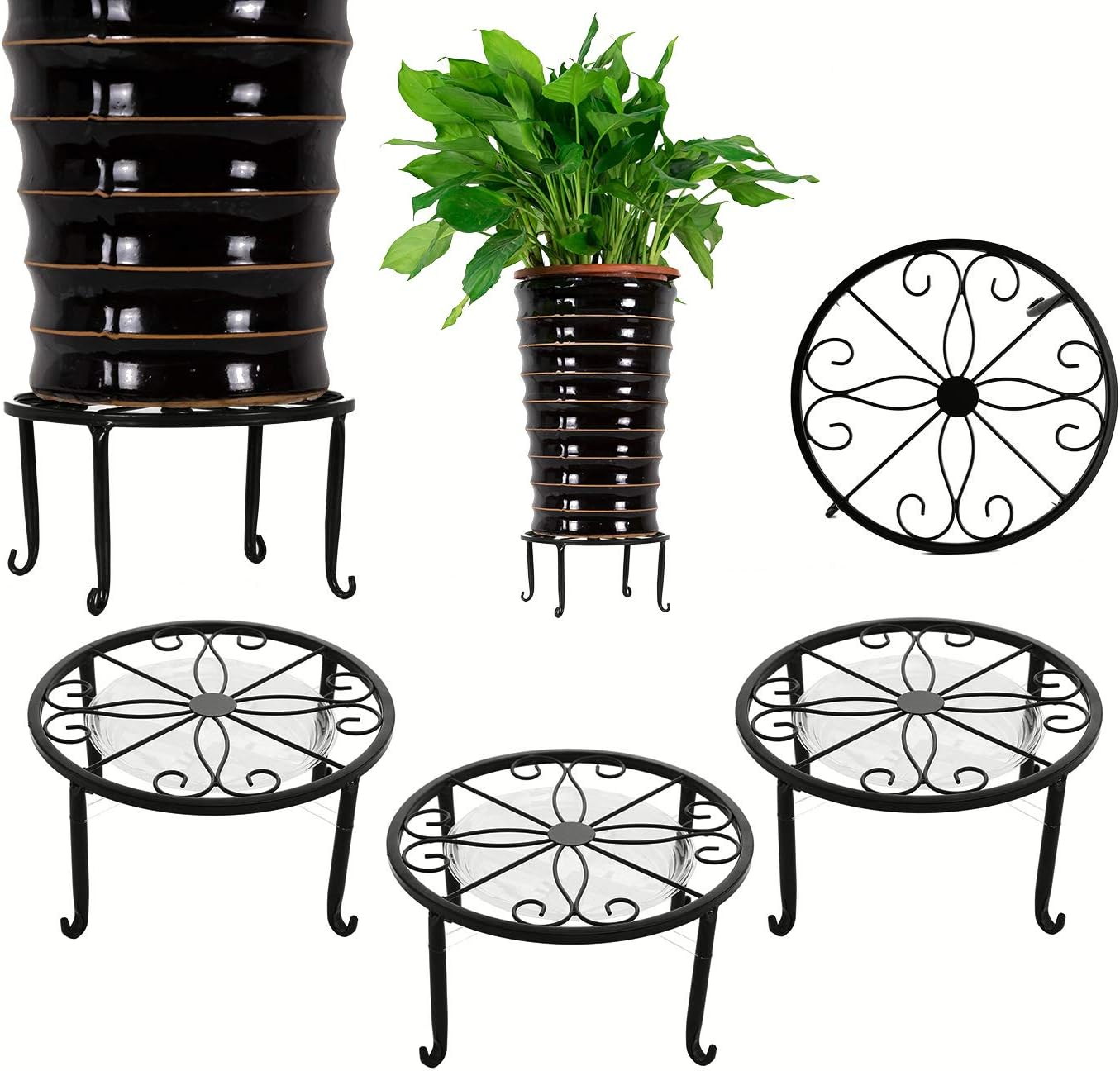 3 Pack 9 inches Metal Plant Stands with Saucer for Indoor and Outdoor Plants Heavy Duty Potted Heavy Duty Flower Pot Stand Holder Rustproof Iron Round Plant Shelf for Garden, Brown