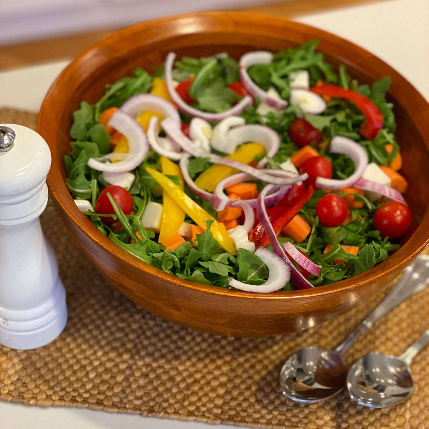 Woodard & Charles Large Wooden Serving Bowl for Salads, Fruits, Popcorn, Pasta, 10” Diameter x 4.5“ Height