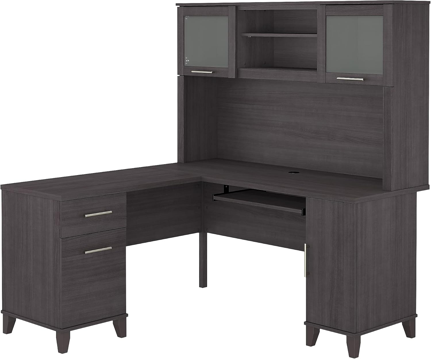 Bush Furniture Somerset 60 in L Desk with Hutch, Keyboard Tray, File and Storage in Storm Gray