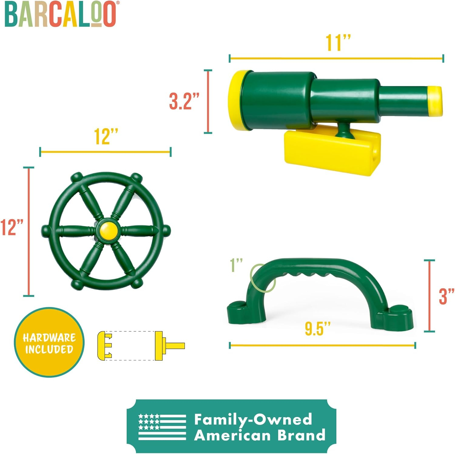Playground Accessories for Kids Outdoor Playset Kids Pirate Telescope, Steering Wheel, Green Safety Handle Bars Playground Equipment- Backyard, Playhouse, Tree house, Jungle Gym, Swingset, Pirate Ship