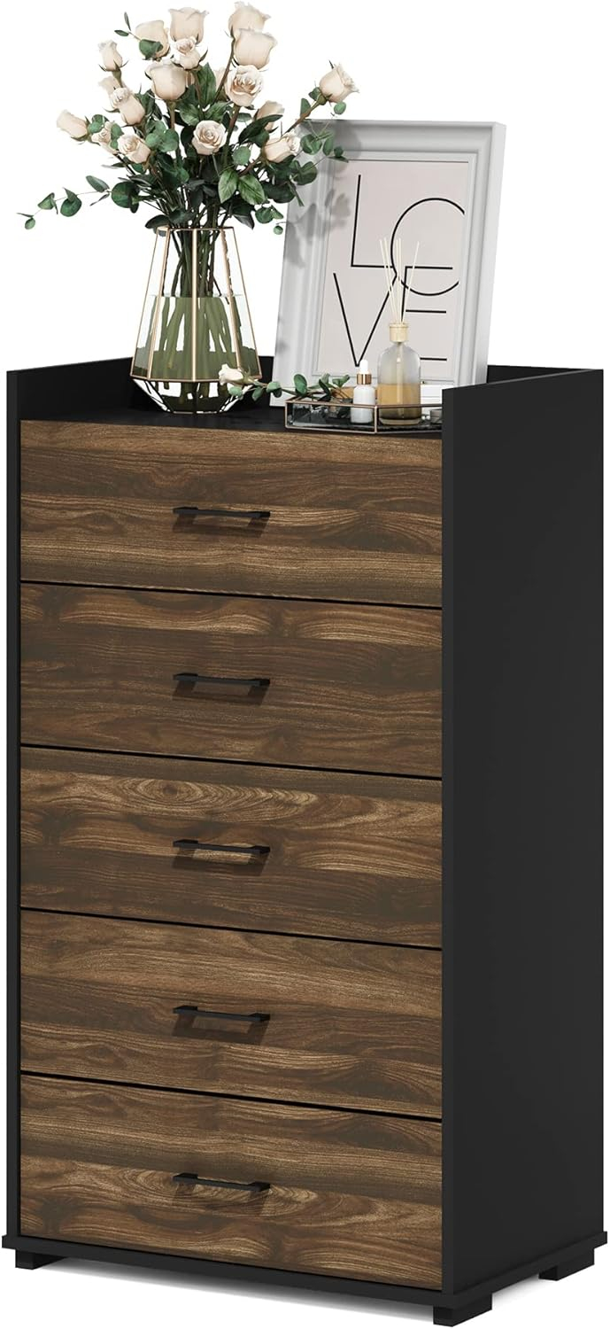 Furinno Tidur Modern Organization and Storage Handle Bedroom 5-Drawer Chest Dresser, Columbia Walnut/Black