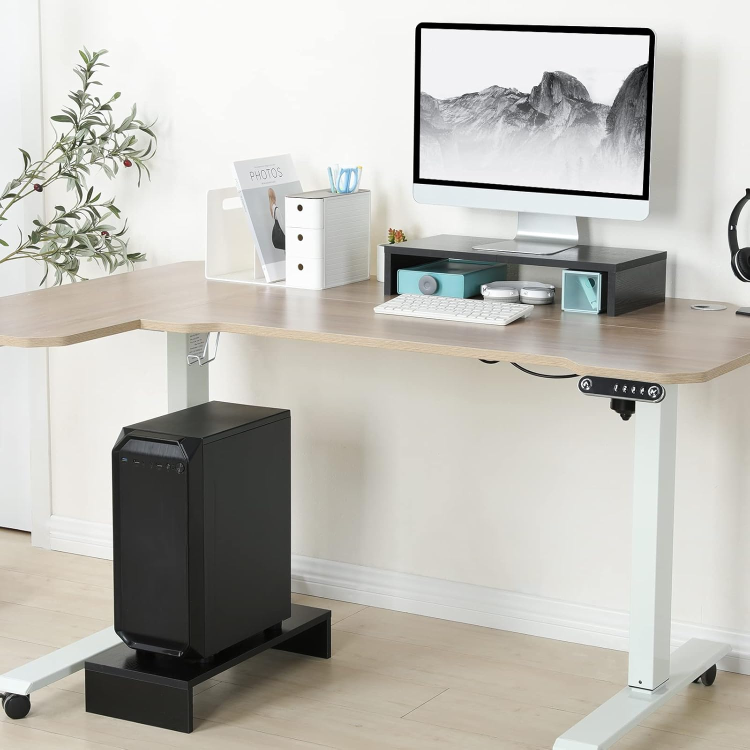 TEAMIX 20 inch Monitor Stand Riser, Wood Monitor Stand for Desk, TV/Screen/PC/Printer/Laptop Riser, Computer Stand with Keyboard Organizer, Black Desktop Stand, Monitor Riser (Black, 20 inch)