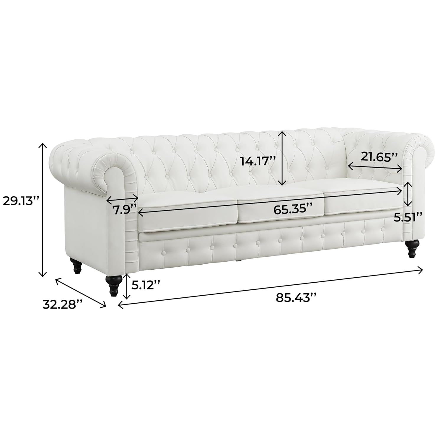 Emery Chesterfield Sofa, Luxurious Comfort for Cozy Living Rooms, Mid-Century Modern couch, Elegance & Serenity, 3-Seater Sofa White,PU