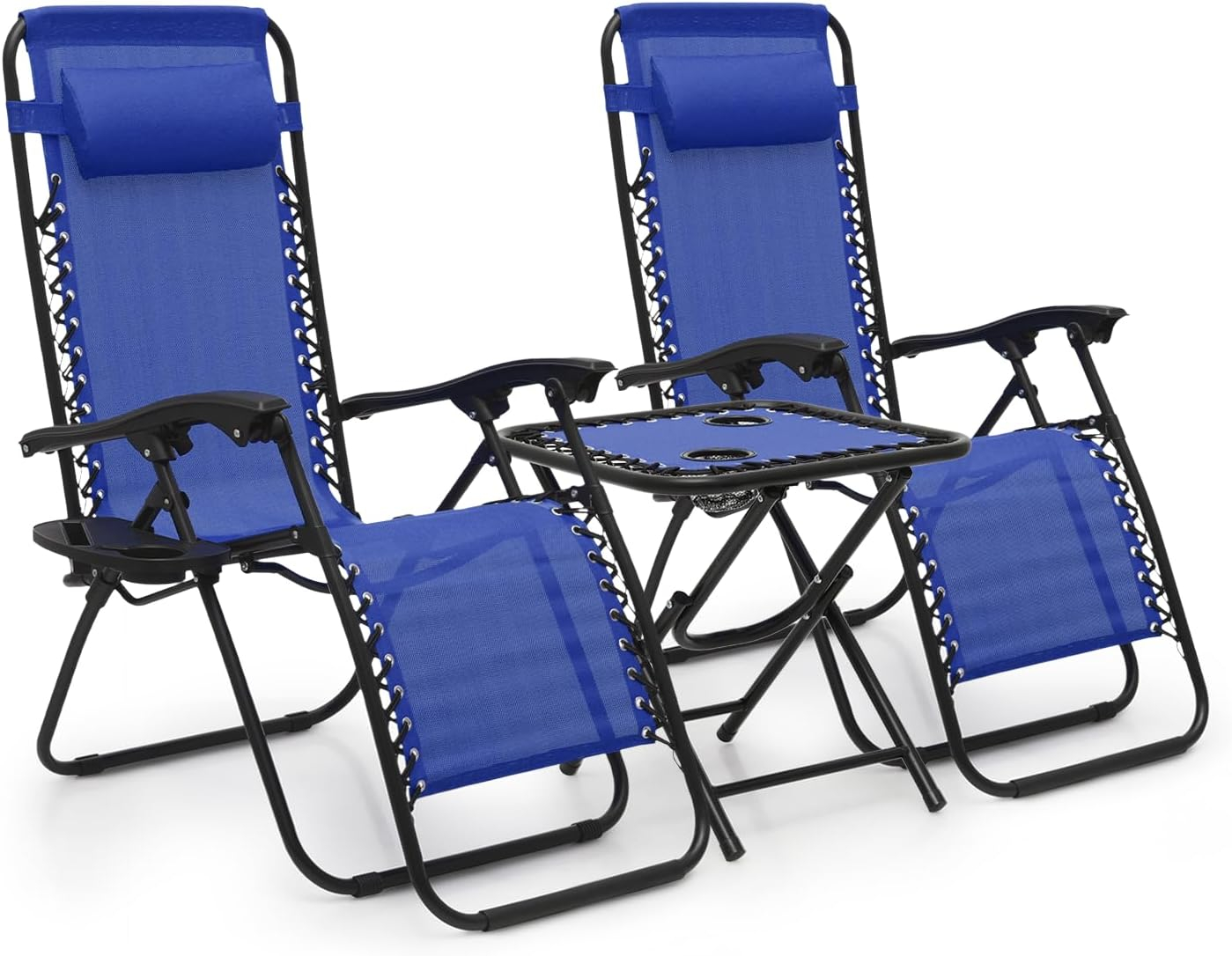 MoNiBloom Lounge Beach Chairs Set of 3 for Outside, Zero Gravity Camping Chairs with Side Table, Pillow and Tray, Blue