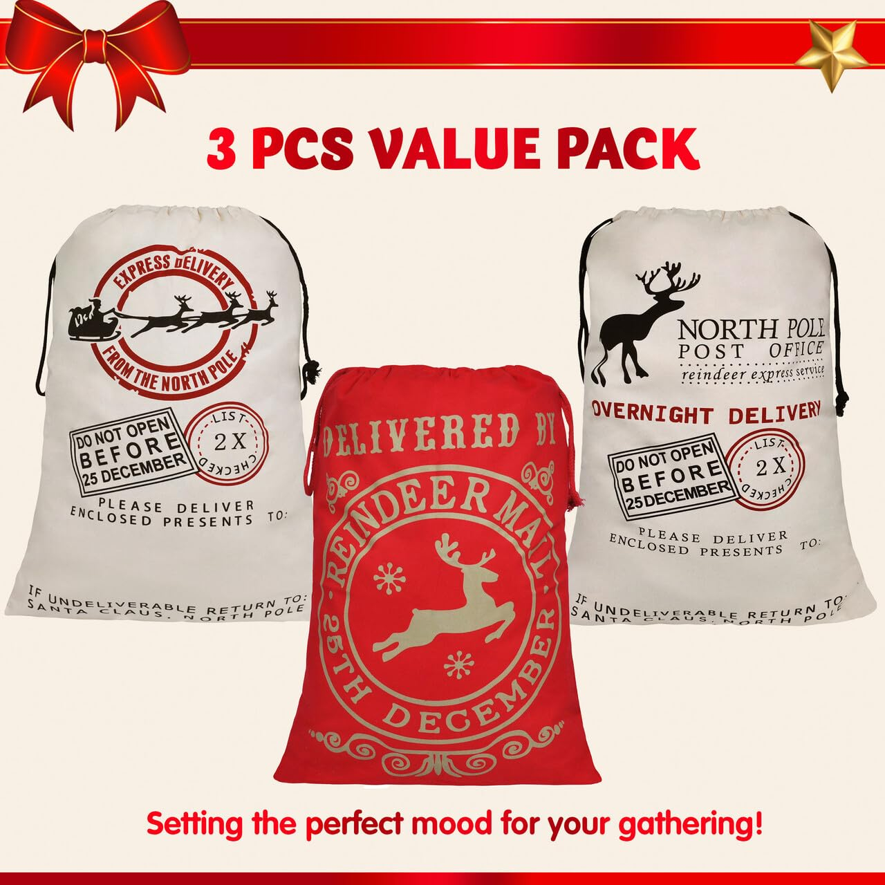 JOYIN 3 PCS Christmas Large Canvas Gift Bag 26" x 19", Drawstring Santa Burlap Sack Reusable Personalized Cloth Pouch for Xmas Presents Package, Party Supplies, Hoilday Decoration