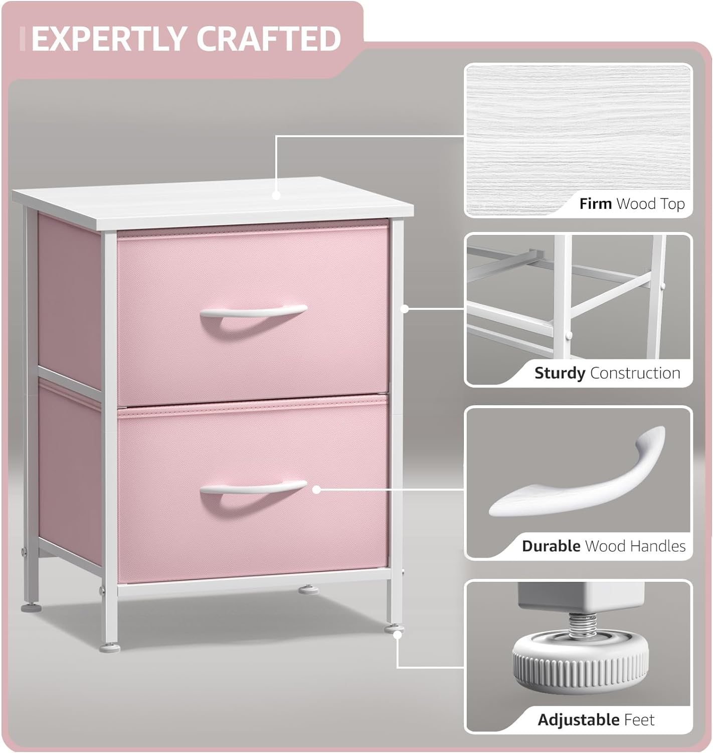 Sorbus Nightstand with 2 Drawers - Kids Bedside Furniture End Table Night Stand - Steel Frame, Wood Top & Easy Pull Fabric Bins - Dresser & Chest for Home, Bedroom Accessories, Office & College Dorm