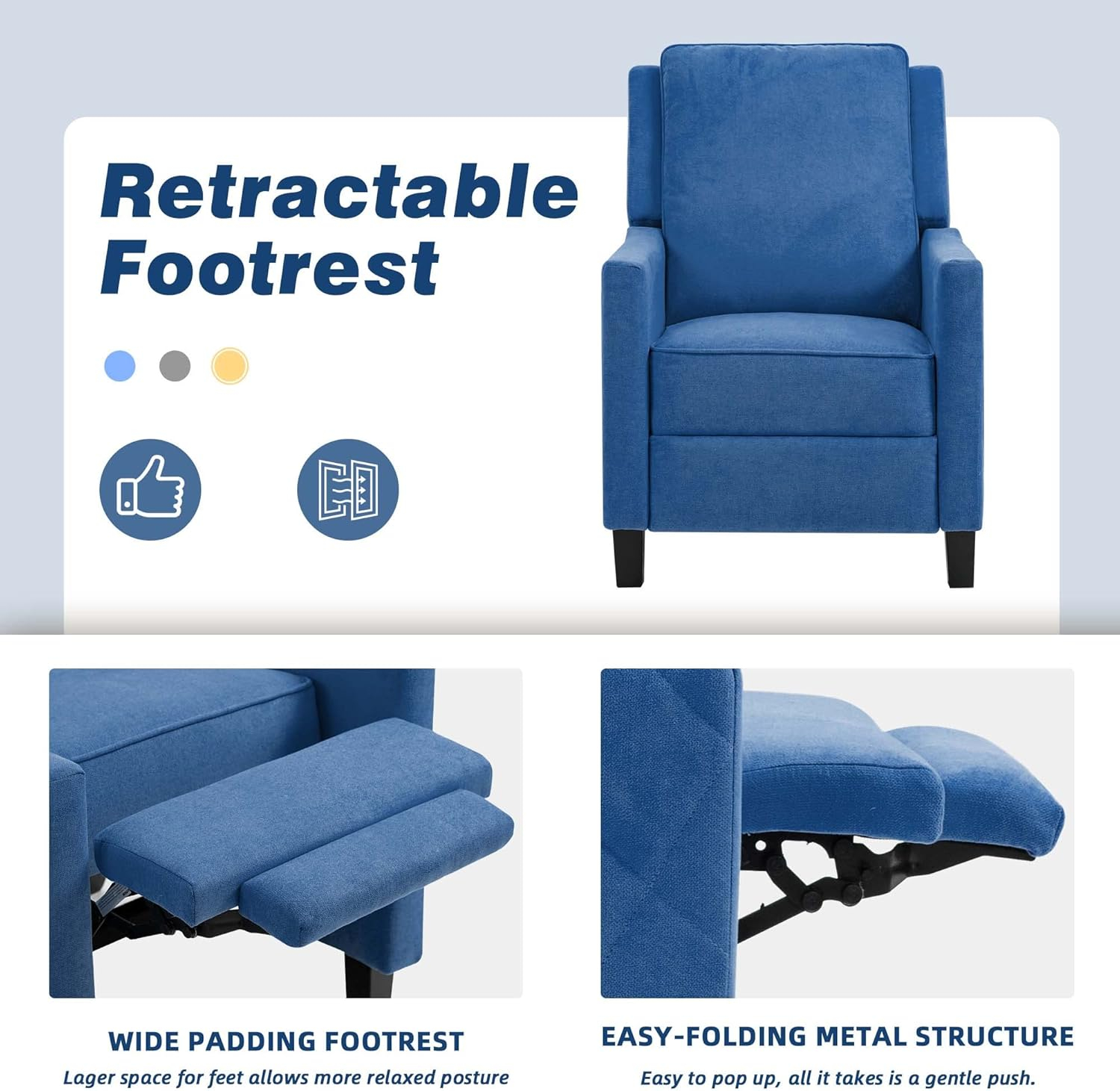 AVAWING Push Back Recliner Chair, Wing Back Chairs with Arms, Mid-Century Vintage Accent Chair for Living Room, Polyester, Blue