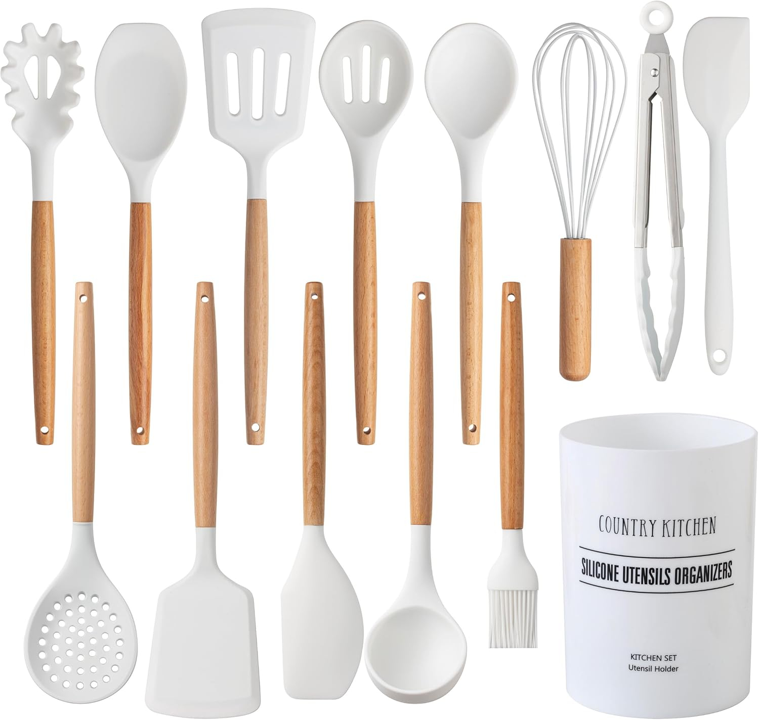 14pcs Kitchen Silicone Cooking Utensils Set,Non-Stick,Wooden Handle,White