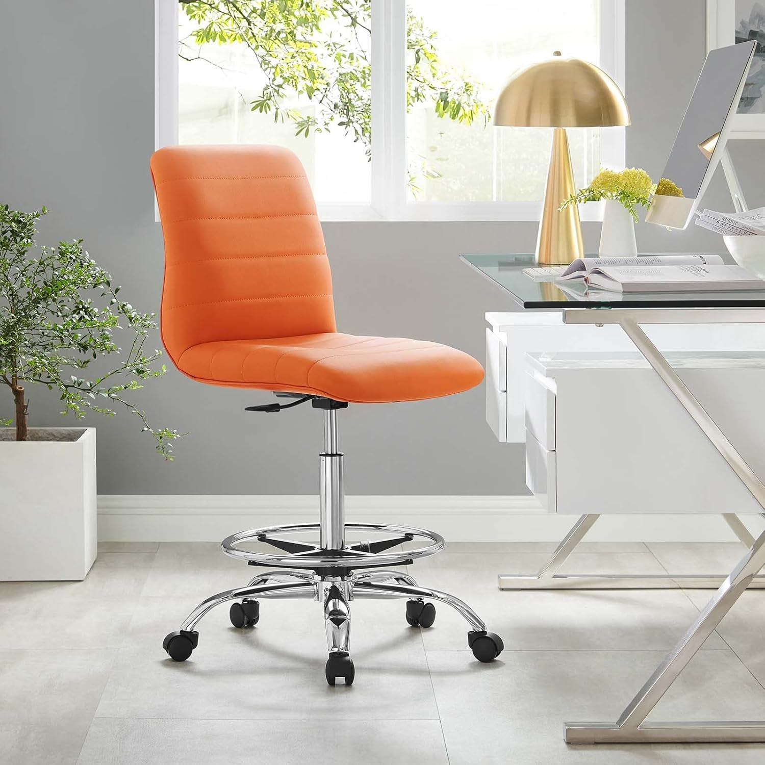 Modway Ripple Armless Vegan Leather Drafting Chair in Silver Orange