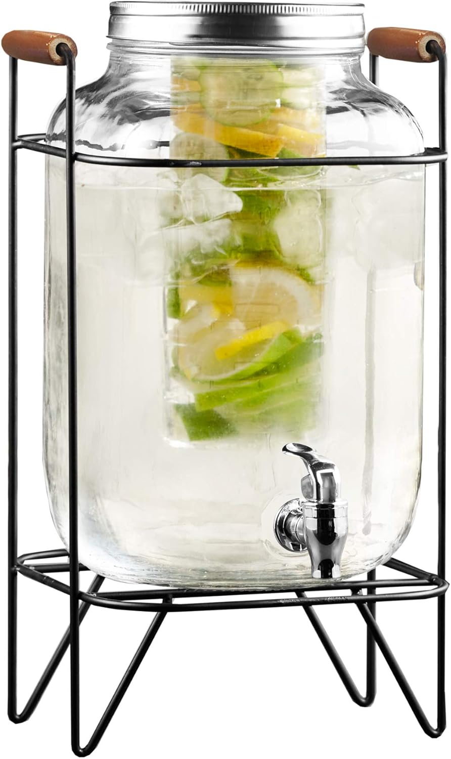 Clear Glass Beverage Dispenser with Metal Stand and Lid, 2 Gallon