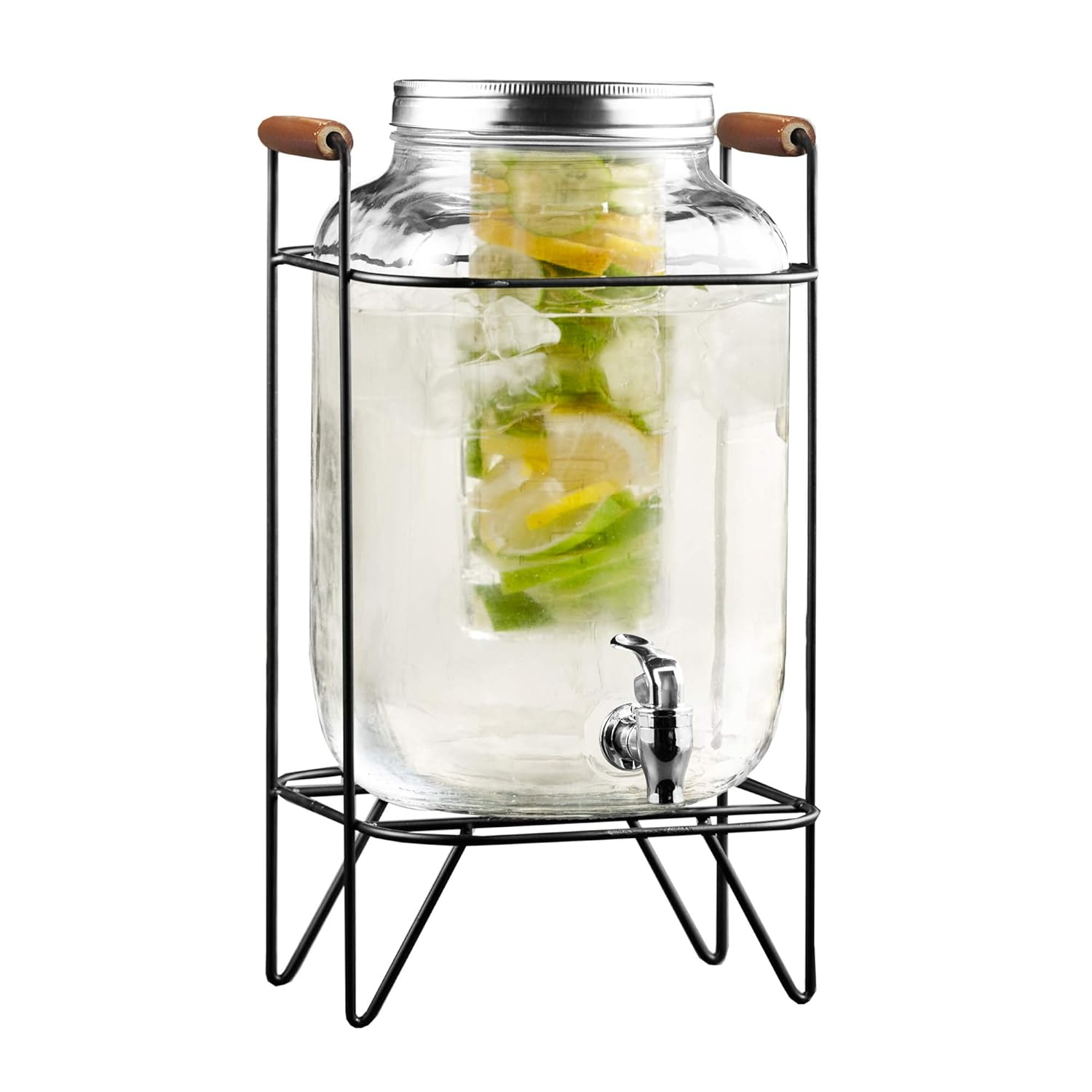 Clear Glass Beverage Dispenser with Metal Stand and Lid, 2 Gallon