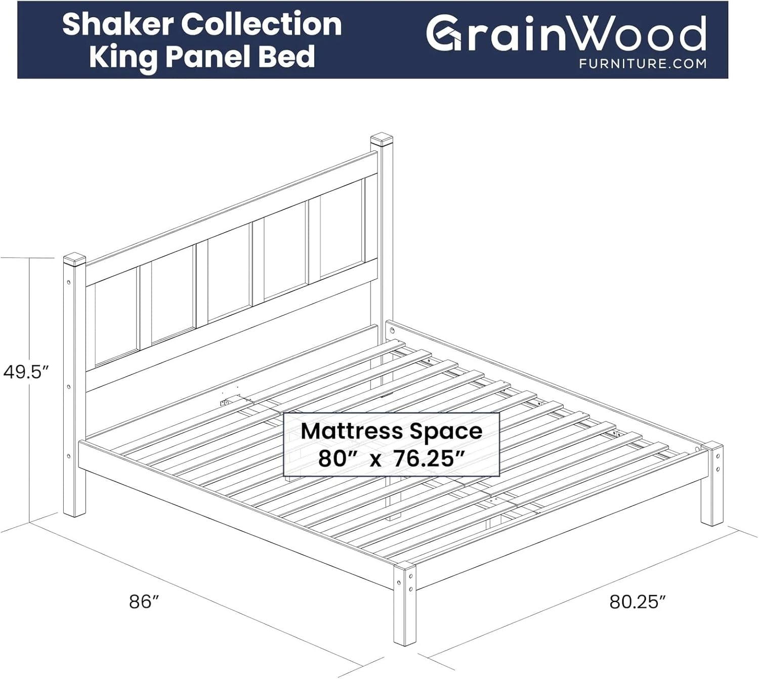 Grain Wood Furniture Shaker Solid Wood Panel Platform Bed, King Size, Walnut