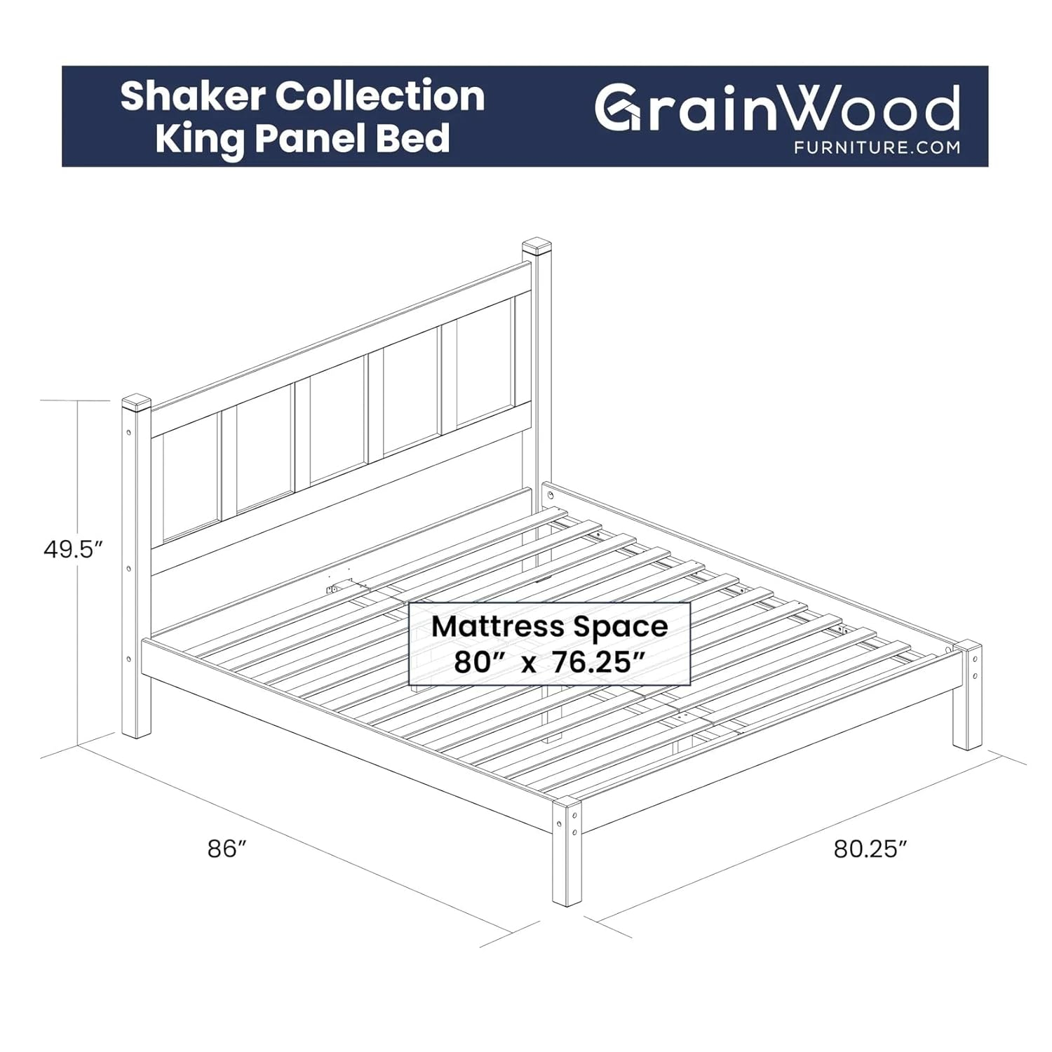 Grain Wood Furniture Shaker Solid Wood Panel Platform Bed, King Size, Walnut