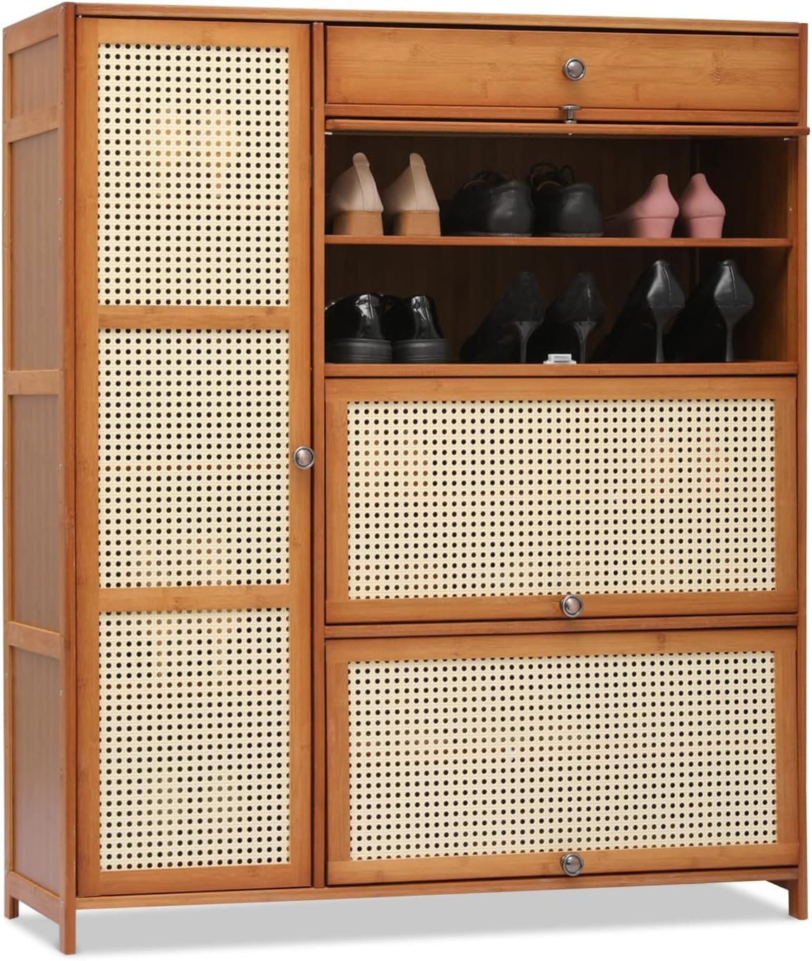 Magshion Bamboo 28 Pairs Shoe Cabinet, 6-Shelves Entryway Shoe Storage Cabinet with 4 Rattan Doors and 4 Compartments, Flip-Up Shoe Rack Organizer For Hallway, Brown