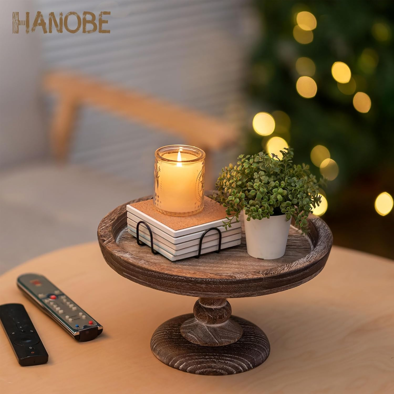 Hanobe Round Wood Display Riser: Rustic Wooden Risers Decorative Pedestal Plate Stand Small Cake Holder Tray for Wedding Birthday Decor