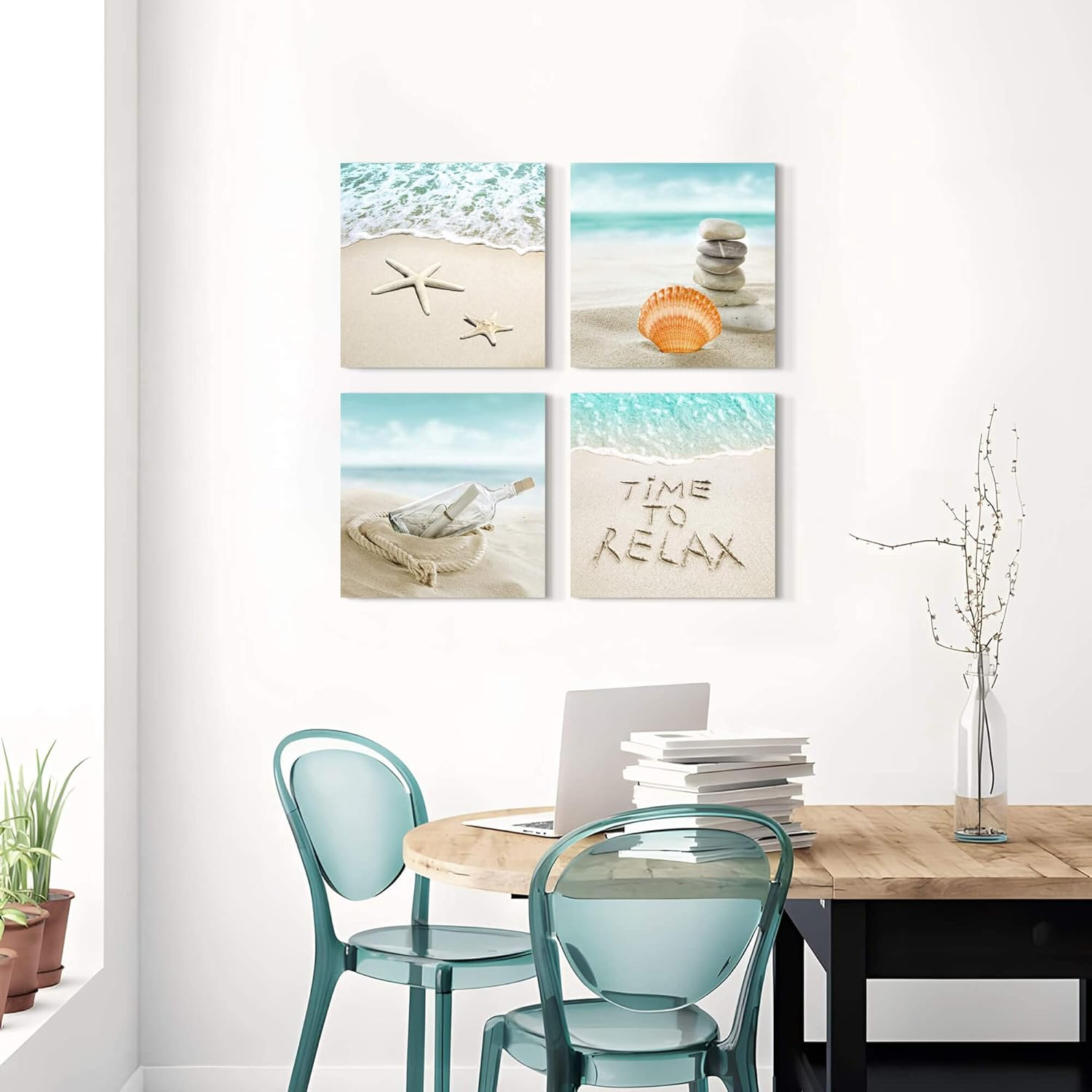 Coastal Beach Canvas Wall Art Set with Seashells and Starfish