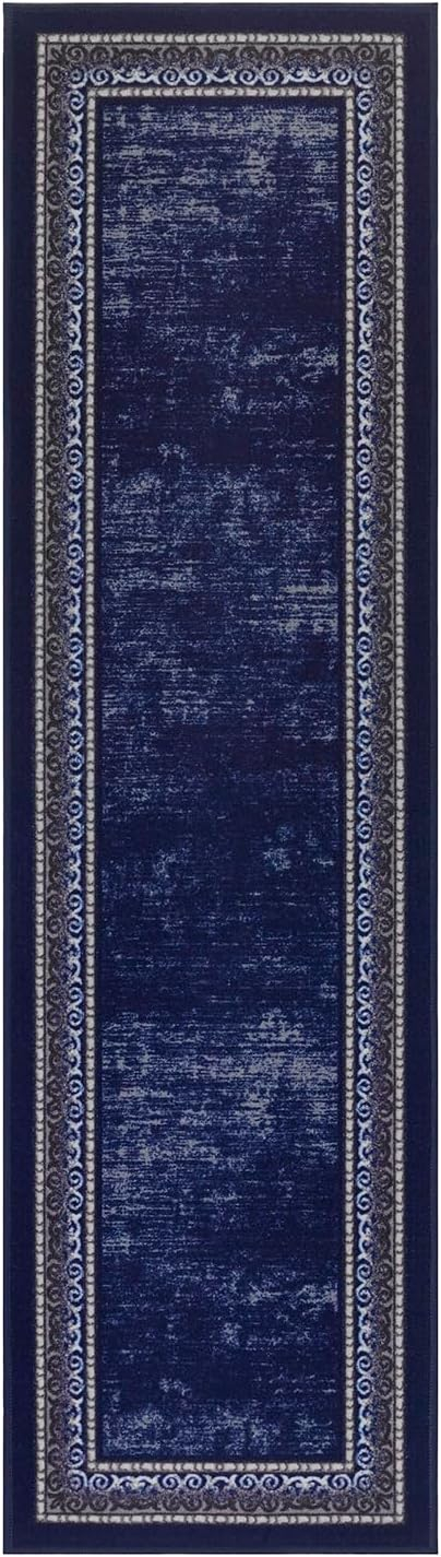 Antep Rugs Alfombras Bordered Modern 2x7 Non-Slip (Non-Skid) Low Pile Rubber Backing Indoor Area Runner Rug (Navy, 2' x 7')