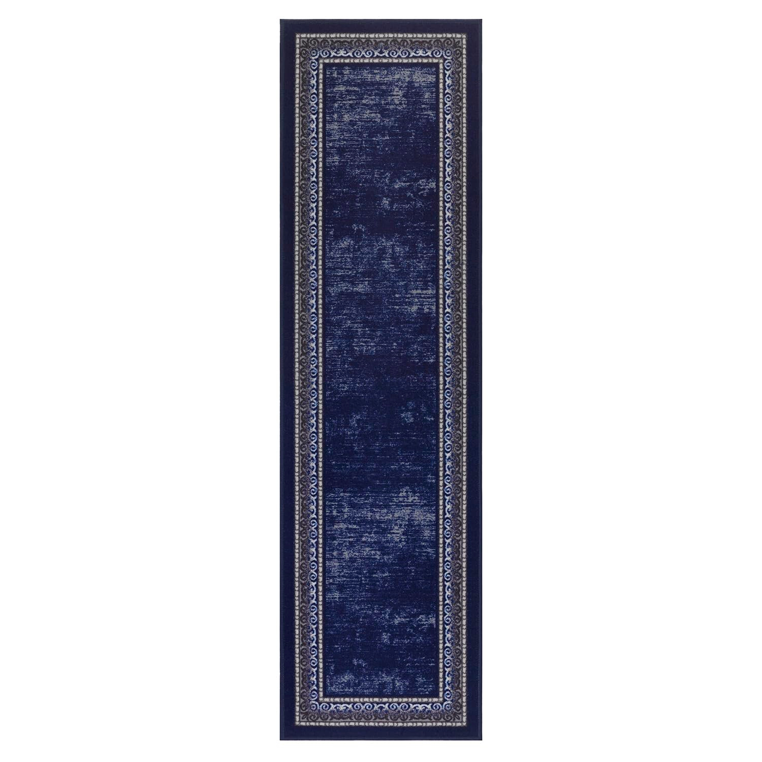 Antep Rugs Alfombras Bordered Modern 2x7 Non-Slip (Non-Skid) Low Pile Rubber Backing Indoor Area Runner Rug (Navy, 2' x 7')
