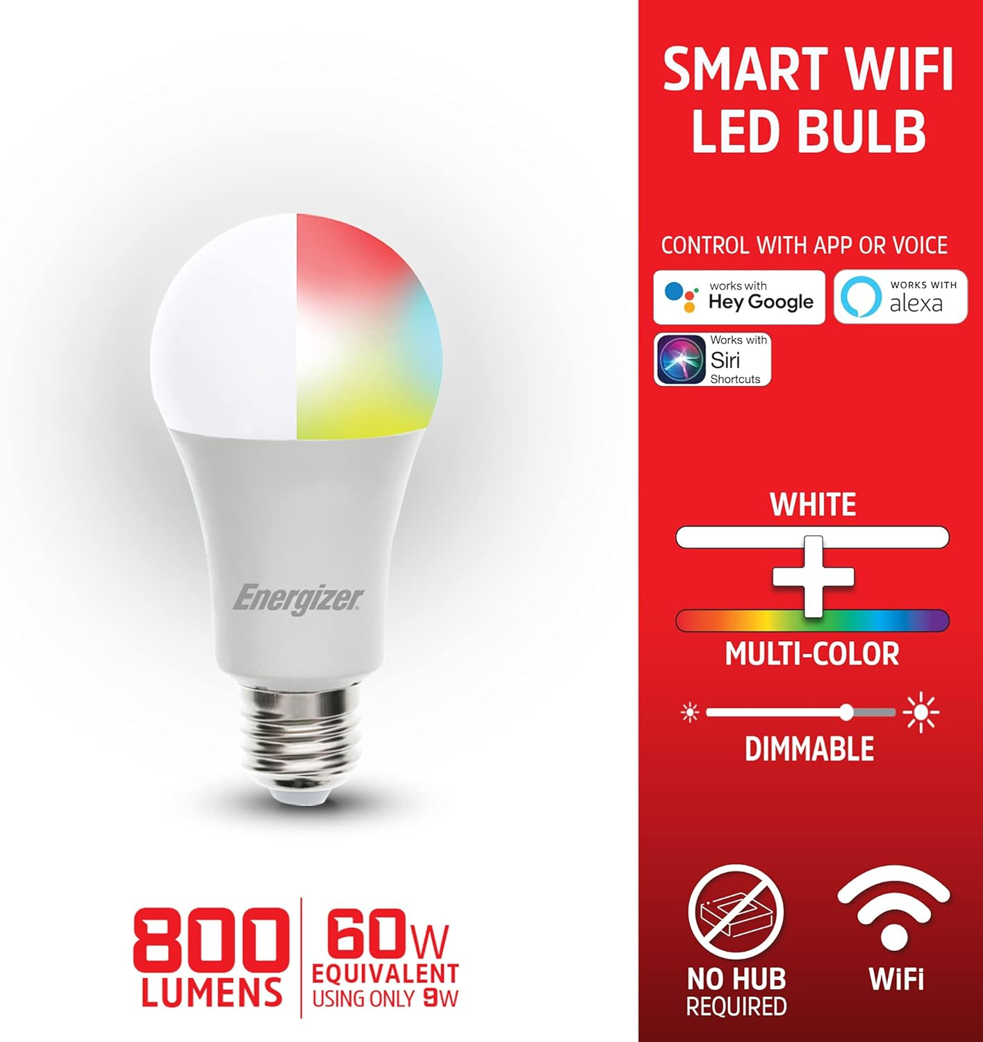 Energizer Connect Smart A19 LED White & Multi-Color RGB Light Bulbs with Voice Control and Remote Access Through Your Smartphone | Compatible with Alexa and Google Assistant