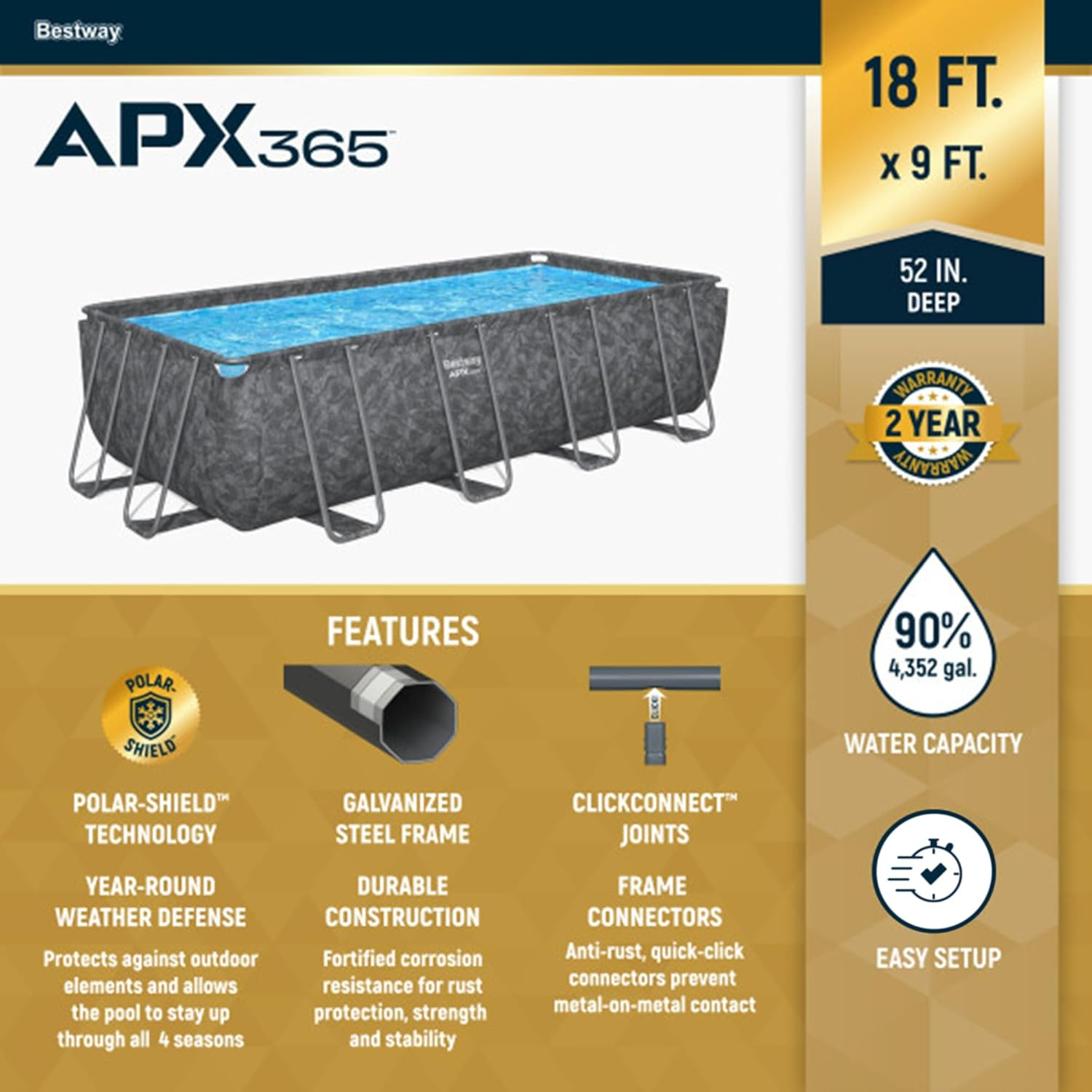 Bestway APX 365 18' x 9' x 52" Rectangle Above Ground Swimming Pool Set