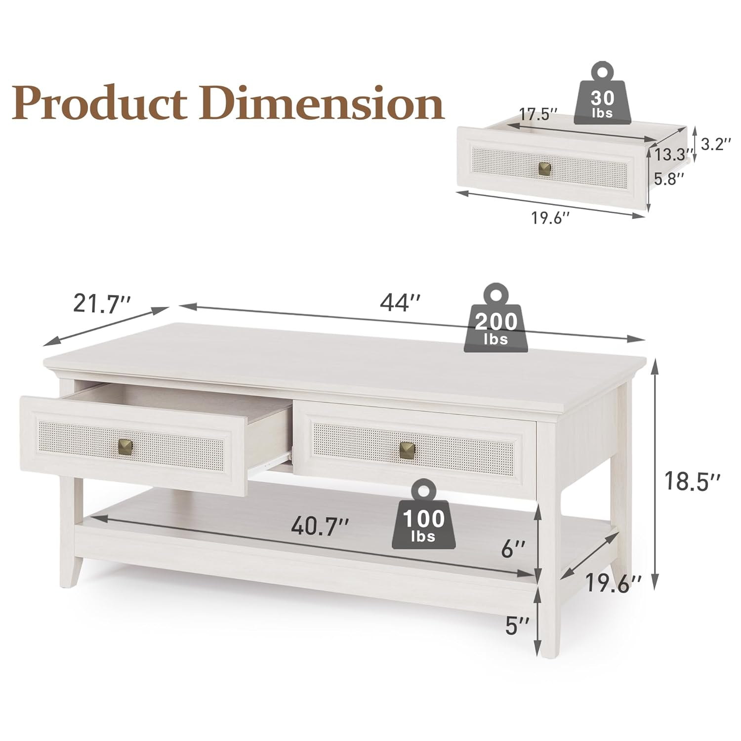 Royalcraft Farmhouse Coffee Table, Boho Tea Table with 2 Rattan Decor Drawers, Accent Center Sofa Table with Storage Shelf, 2 Tier Coffee Table for Bedroom, Living Room, Home Office, Grayish White