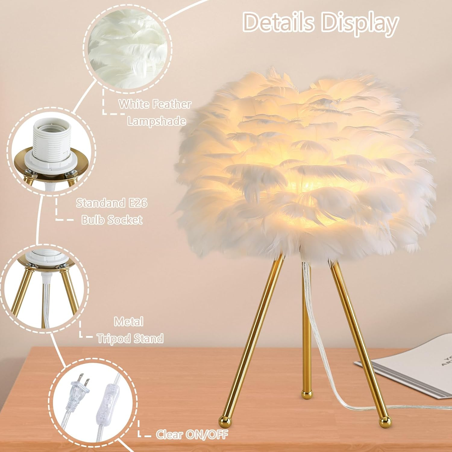 4modernhome 14.5" Tripod Feather Table Lamp White