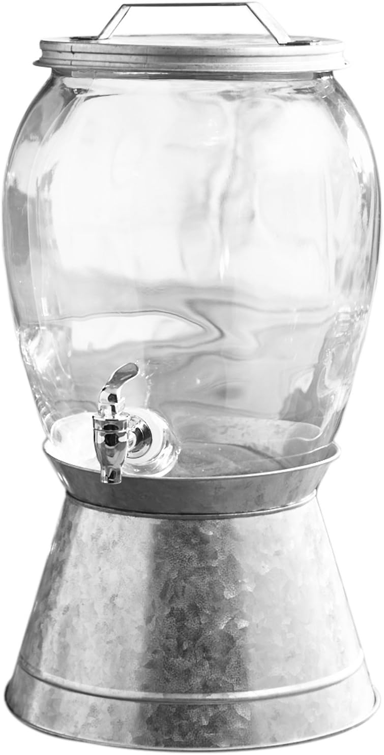 Large Clear Glass Beverage Dispenser with Galvanized Base