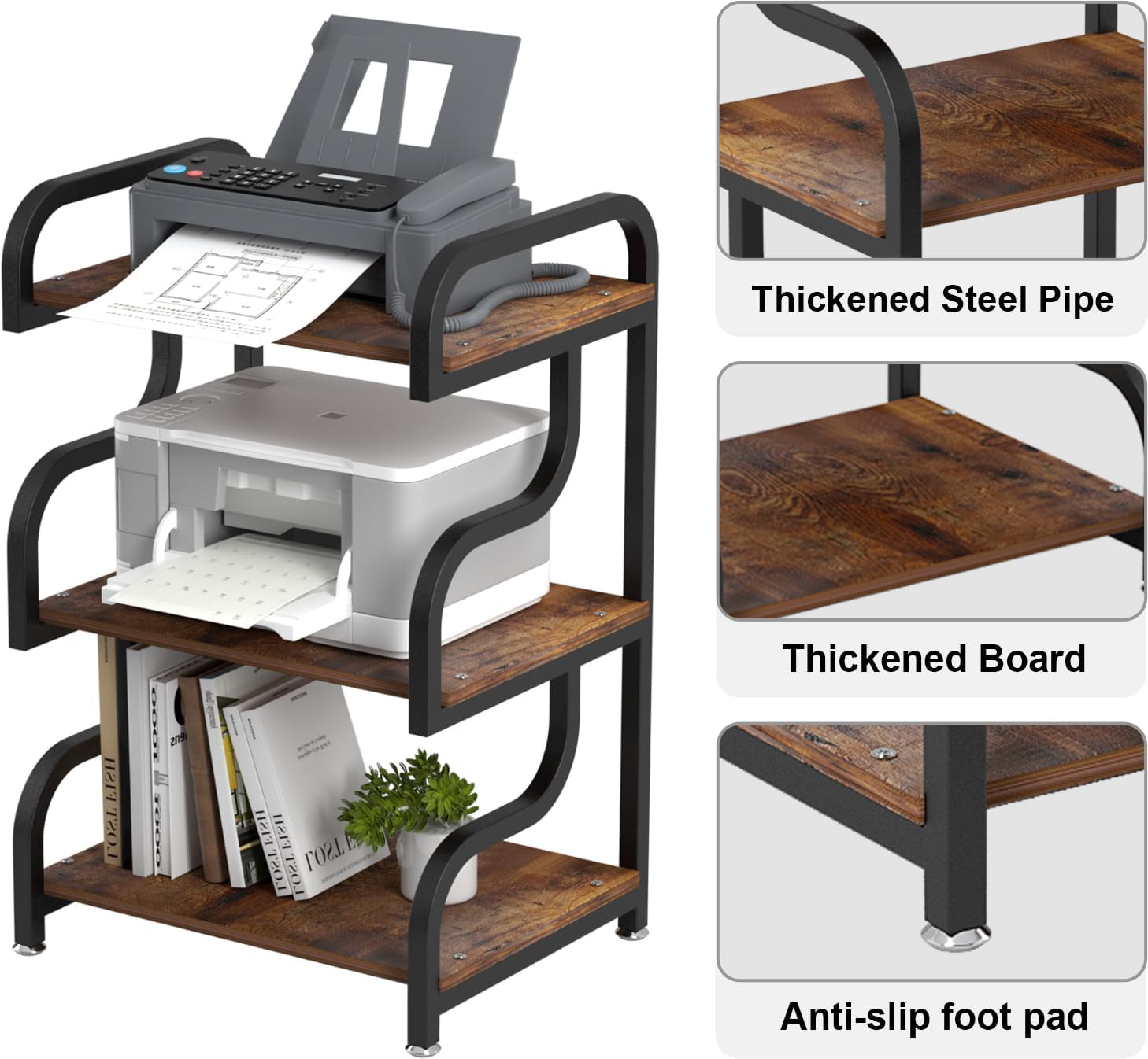 Printer Stand, 3-Tier Large Printer Stand, Durable Materials and Ample Storage Space, Printer Table for Home Office Organization,Rustic Brown