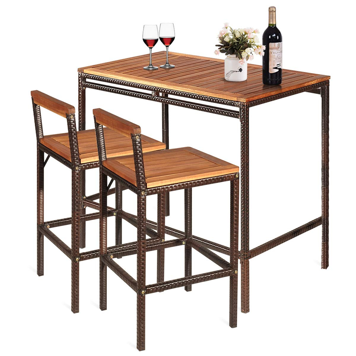 Brown Acacia Wood and Steel 3-Piece Patio Bar Set