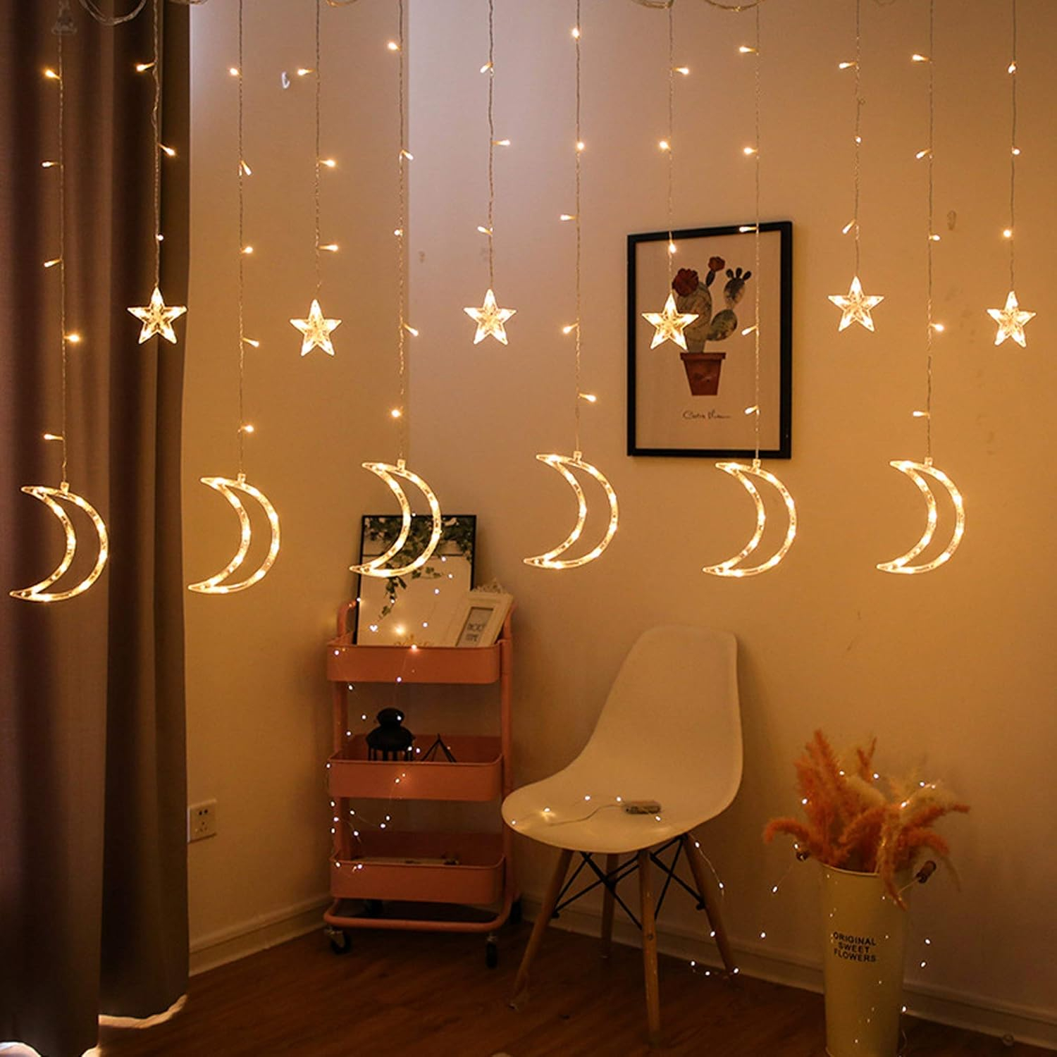 Warm White LED Star Moon Curtain Lights with Remote Control