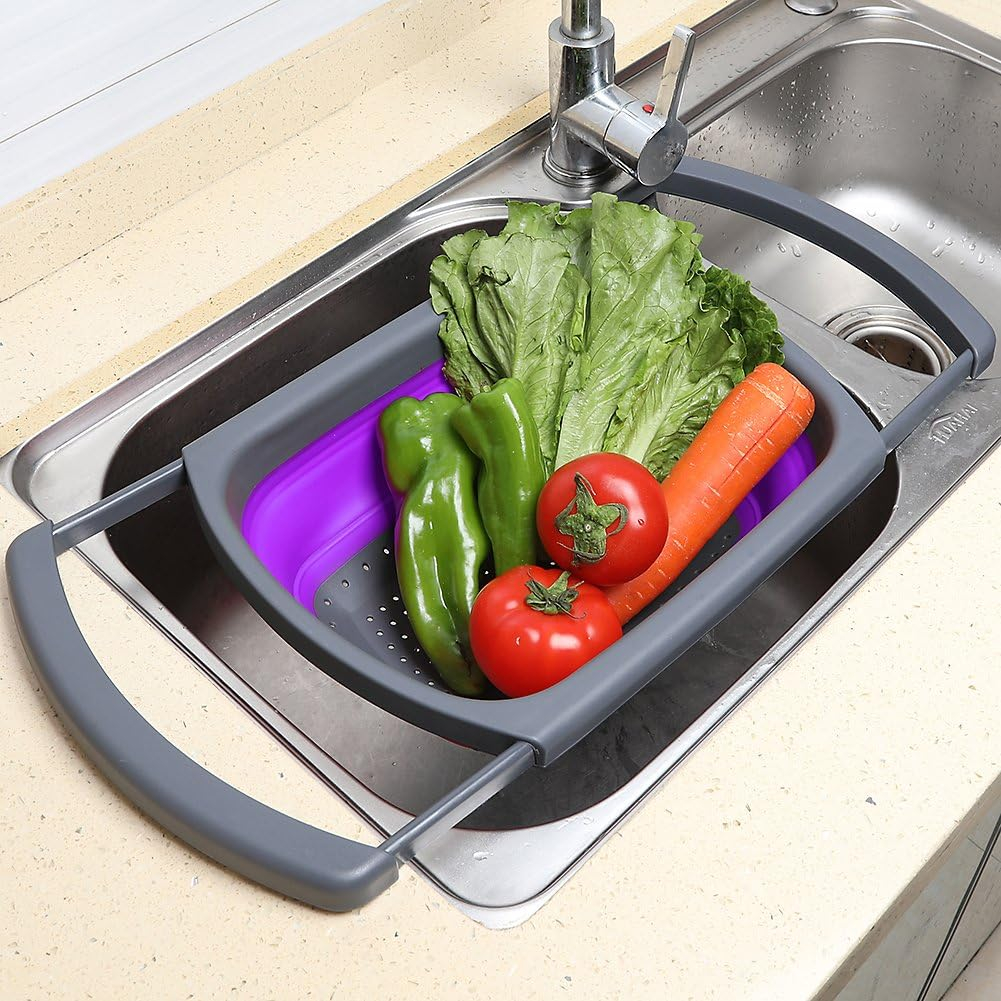 Qimh Collapsible Colander, Kitchen Colander Set Over Sink Strainer Veggies/Fruit Colanders Strainers with Extendable Handles, Dishwasher Safe Folding Strainer for Kitchen, 6-Quart, BPA Free