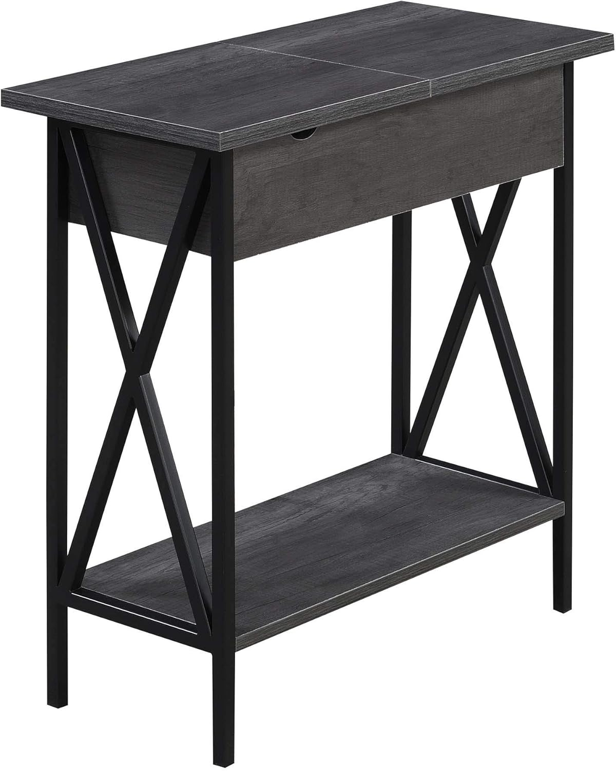 Convenience Concepts Tucson Flip Top End Table with Charging Station and Shelf, Charcoal Gray/Black