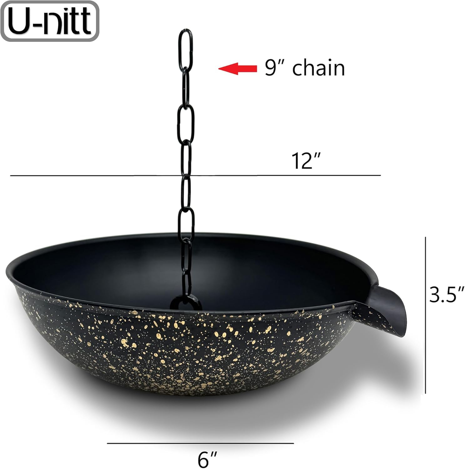 U-nitt 12" Anchoring Basin/Bowl/Dish for Gutter Rain Chain, Spill Bowl for Fountain, with Scupper, Birdbath Alternative, with Attachment Chain, Black Powder Coated with Gold, 972GD