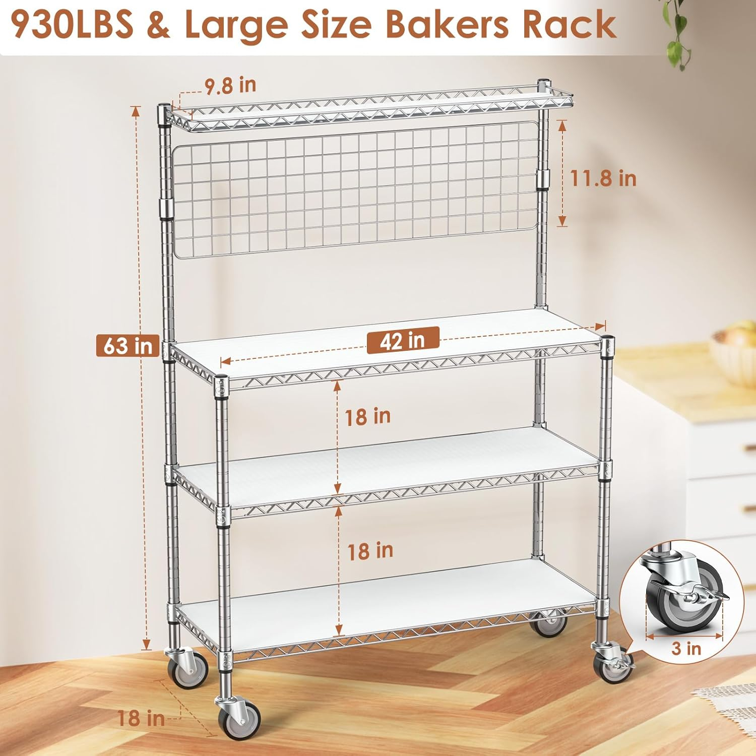 Leteuke Bakers Rack with Storage & Wheels, 42 Inch Microwave Stand Kitchen Shelves, 4-Tier Heavy Duty Storage Rack with 20 S-Hooks, Commercial Metal Utility Kitchen Cart, 42× 18× 63 Inch, Chrome