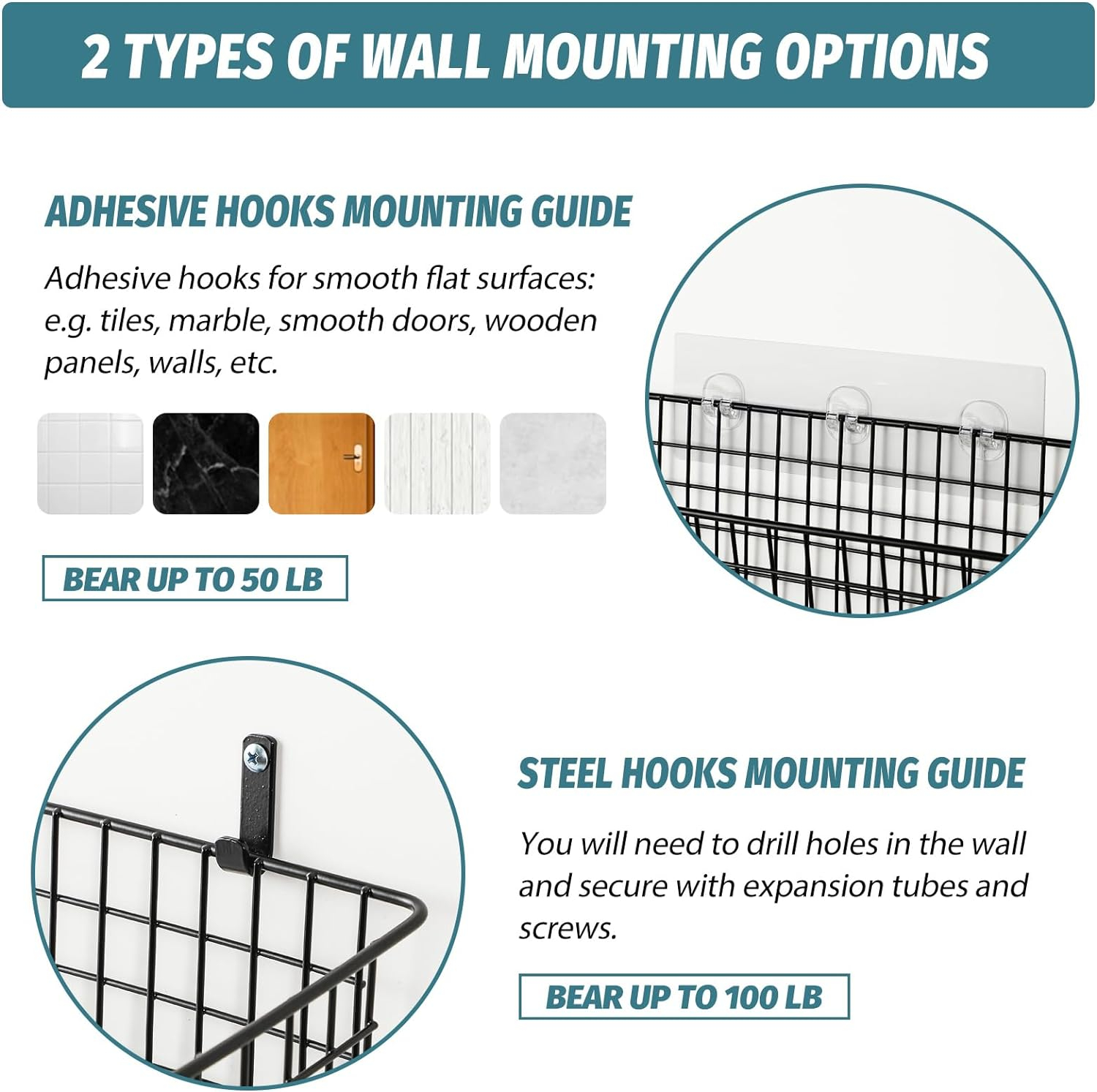 AOZITA [2 Wall Mounting Options], 4 Set EXTRA LARGE Hanging Wall Mount Basket for Storage with Adhesive Hooks & Steel Hooks, Sturdy Wire Metal Baskets, Home Kitchen Bathroom Pantry Organizer, Black