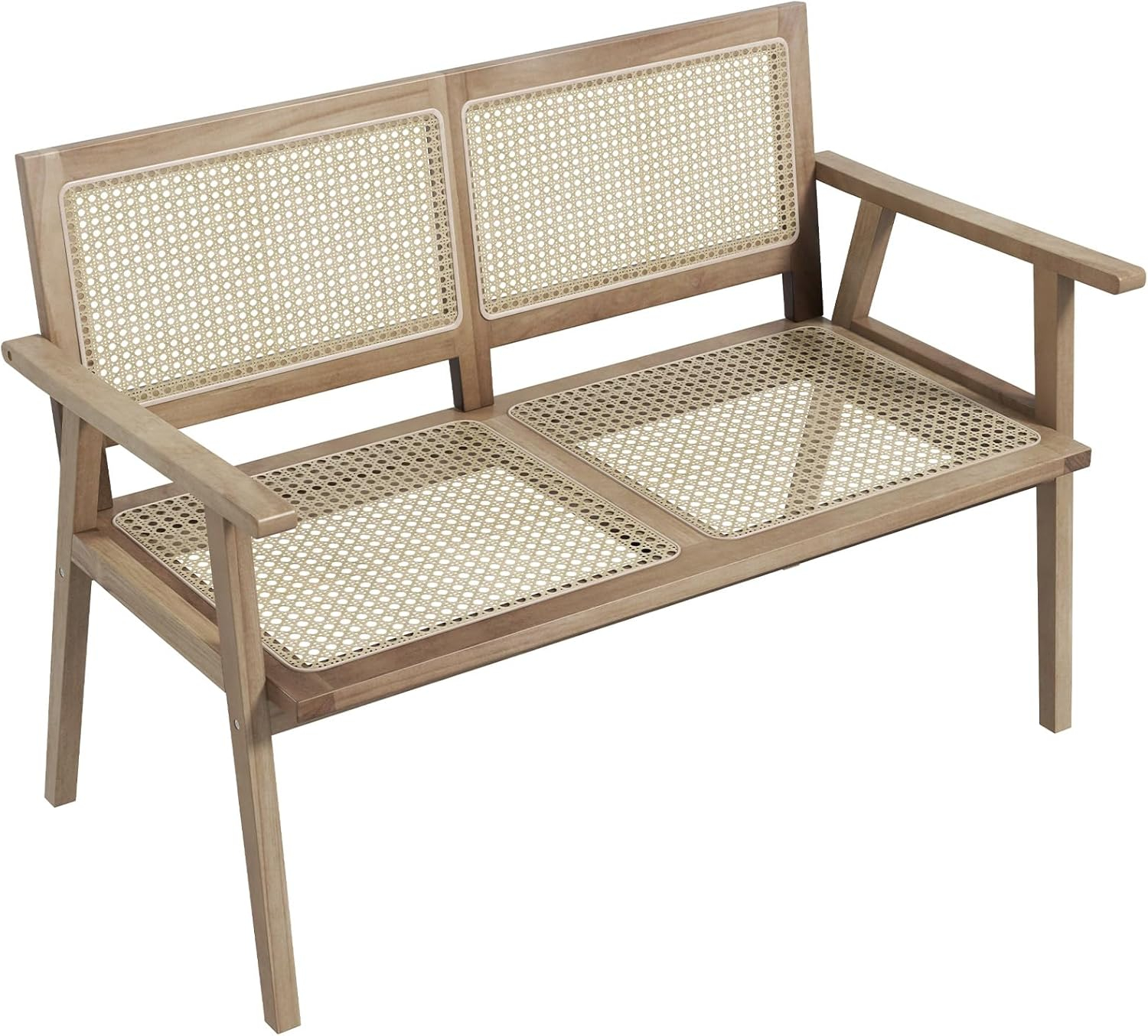 Tangkula Outdoor Teak Wood Garden Bench, 2-Person Patio Bench with Armrests, Rattan Backrest & Seat, Patio Garden Bench for Porch, Lawn, Balcony and Backyard, Natural
