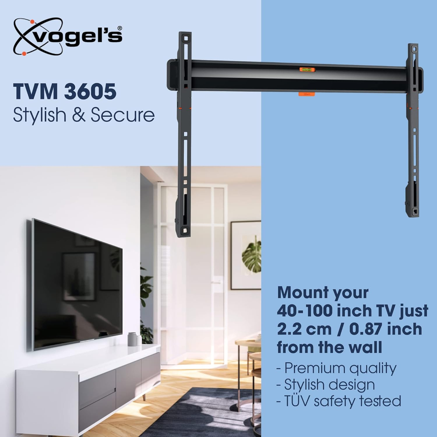 Vogel's TVM 3605 Fixed TV Wall Bracket for 40-100 inch TVs, Max. 165 lbs (75 kg), Flat TV Wall Mount max. VESA 600x400, Universal Compatibility, Distance to The Wall just 0.87 inch