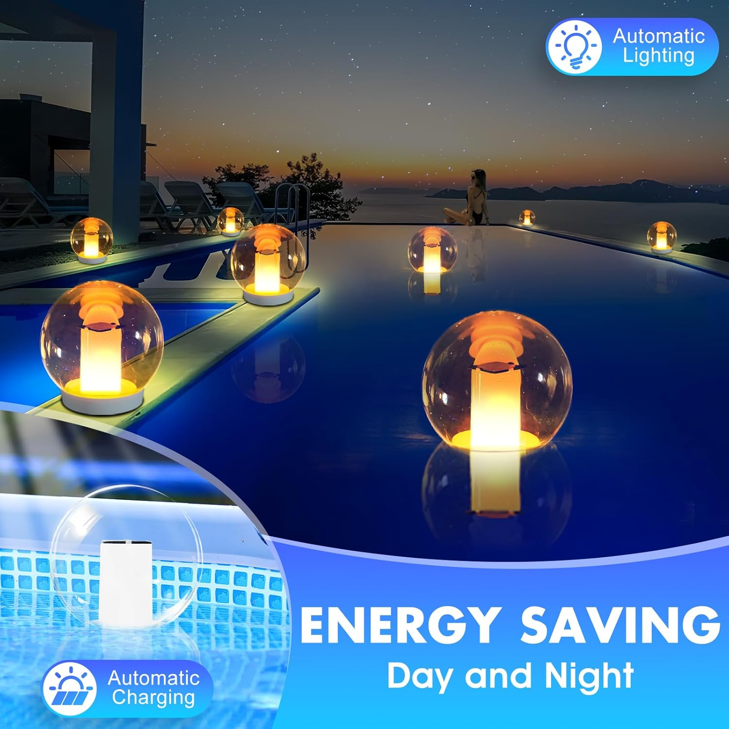 Floating Pool Lights, Solar Flame Lights Flickering IP68 Waterproof Ball Night Lights, Outdoor Lantern Landscape Decoration Lamp for Pool, Pond, Event, Party, Garden(2pcs)