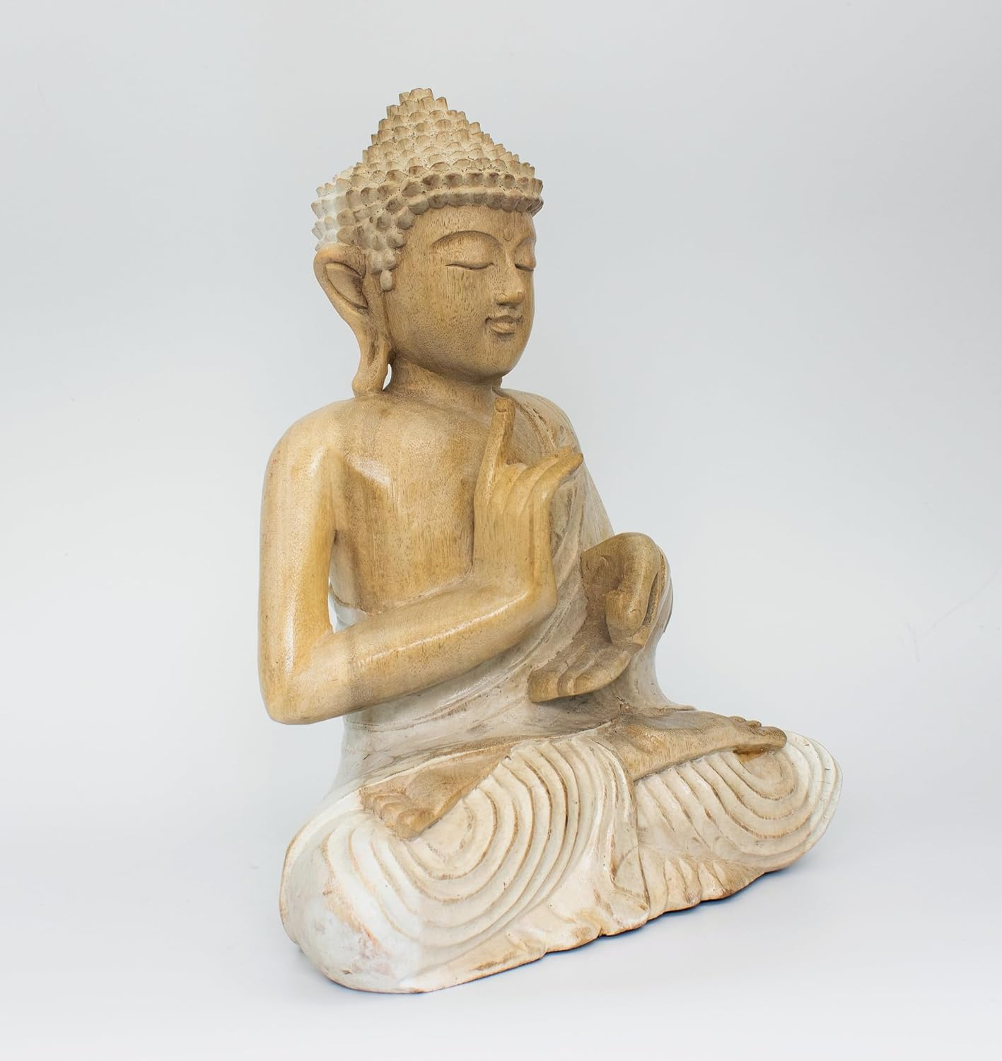 12" Whitewashed Wooden Meditating Buddha Statue in Suar Wood