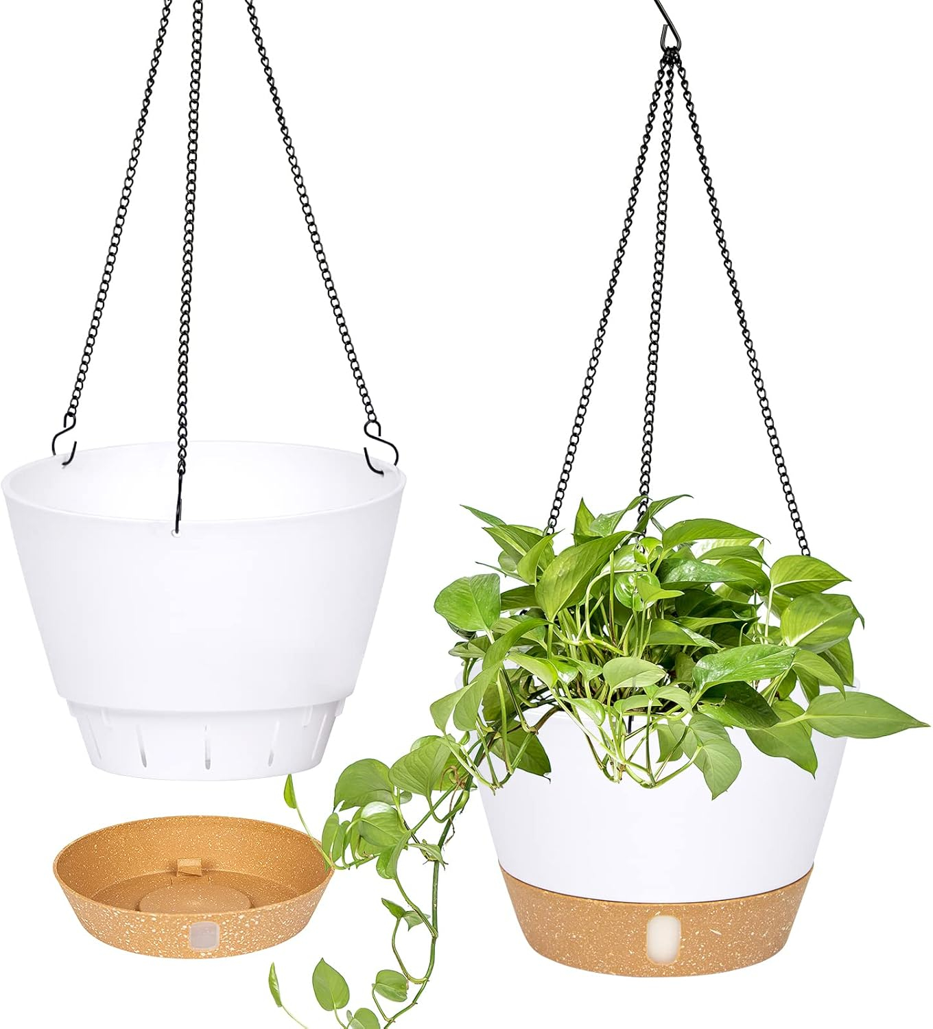 QCQHDU 2 Pack 10 inch White Plastic Hanging Planters with 3 Hooks, Hanging Plant Pot Basket with Drainage Hole for Garden Home