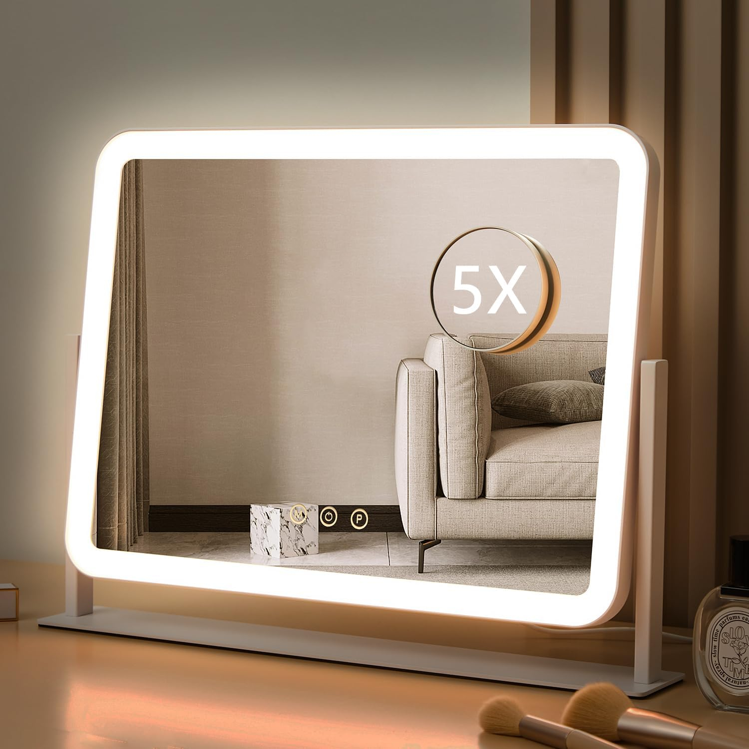 HIEEY Lighted Makeup Mirror, Hollywood Vanity Mirror with Lights, Three Color Lighting Modes, and 5X Magnification Mirror, Smart Touch Control, 360°Rotation (14.1in,White,Gift Box)