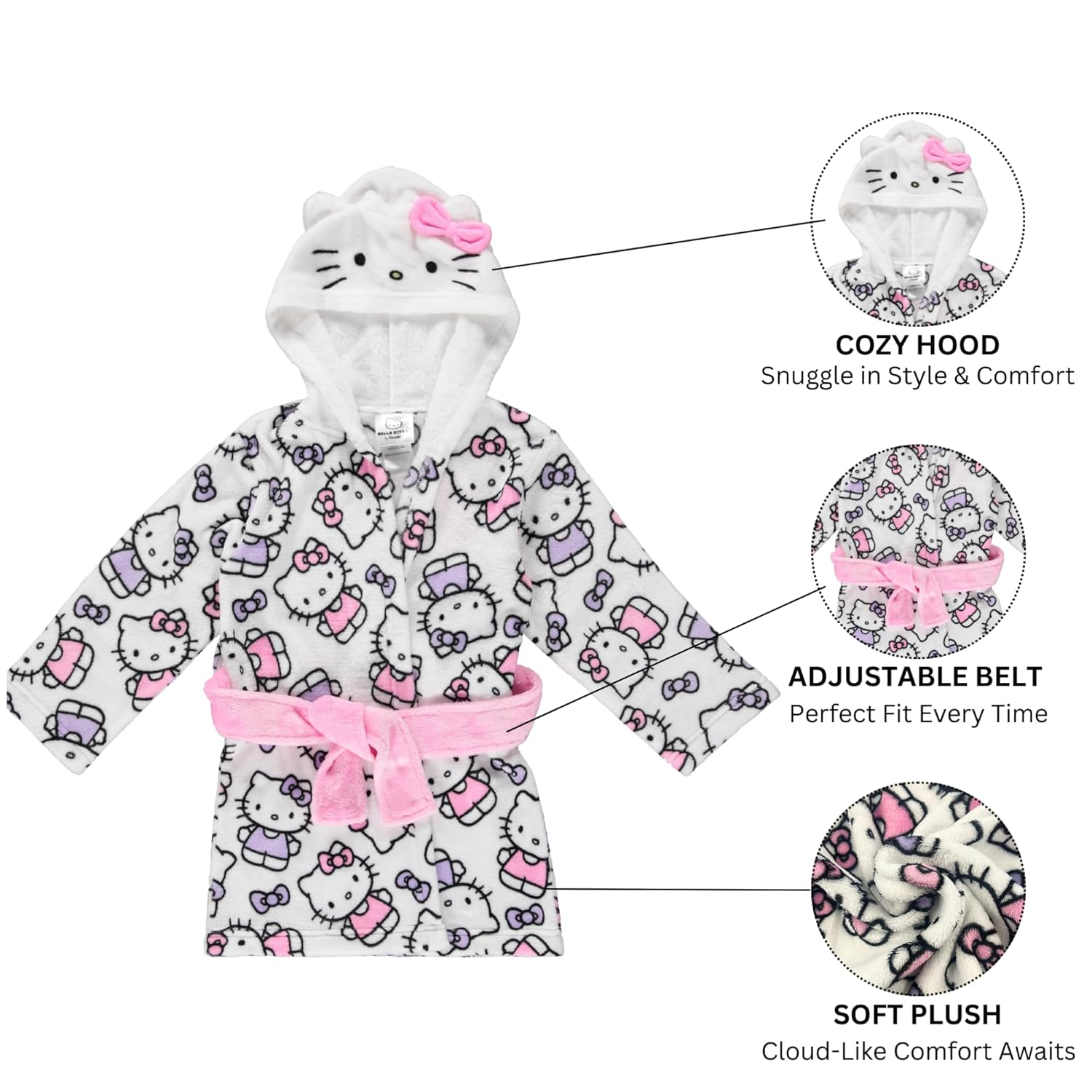 Hello Kitty Girls Fleece Kids Hooded Robe - Super Soft Plush Kids Spa Bathrobe with Pockets, Sizes 4-10 - Official Product