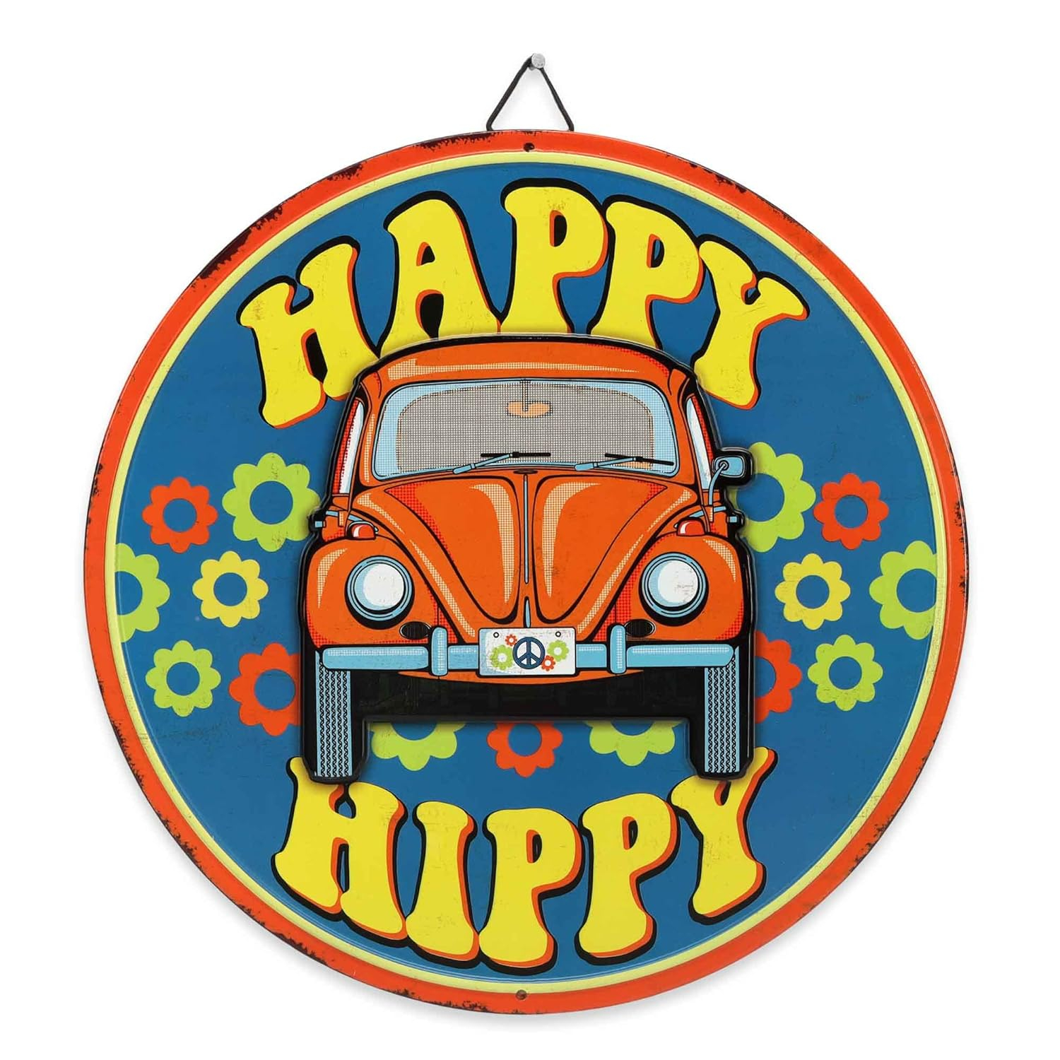 Volkswagen Happy Hippy Round Metal Sign - Fun VW Beetle Sign for Garage or Man Cave