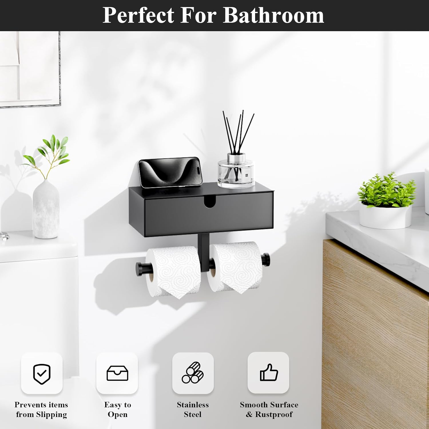Tindbea Toilet Paper Holder with Storage Double Roll Toilet Paper Holder with Shelf, Tampon Holder for Bathroom Stainless Steel Wall Mounted Wipes Holder Dispenser, Black