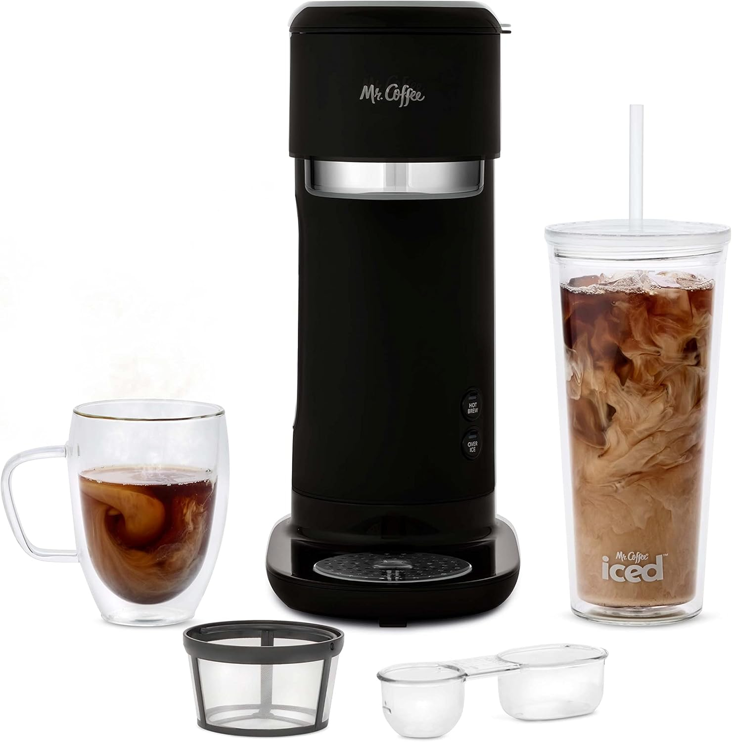 Mr. Coffee Single-Serve Iced and Hot Coffee Maker with Reusable Tumbler and Coffee Filter, Black