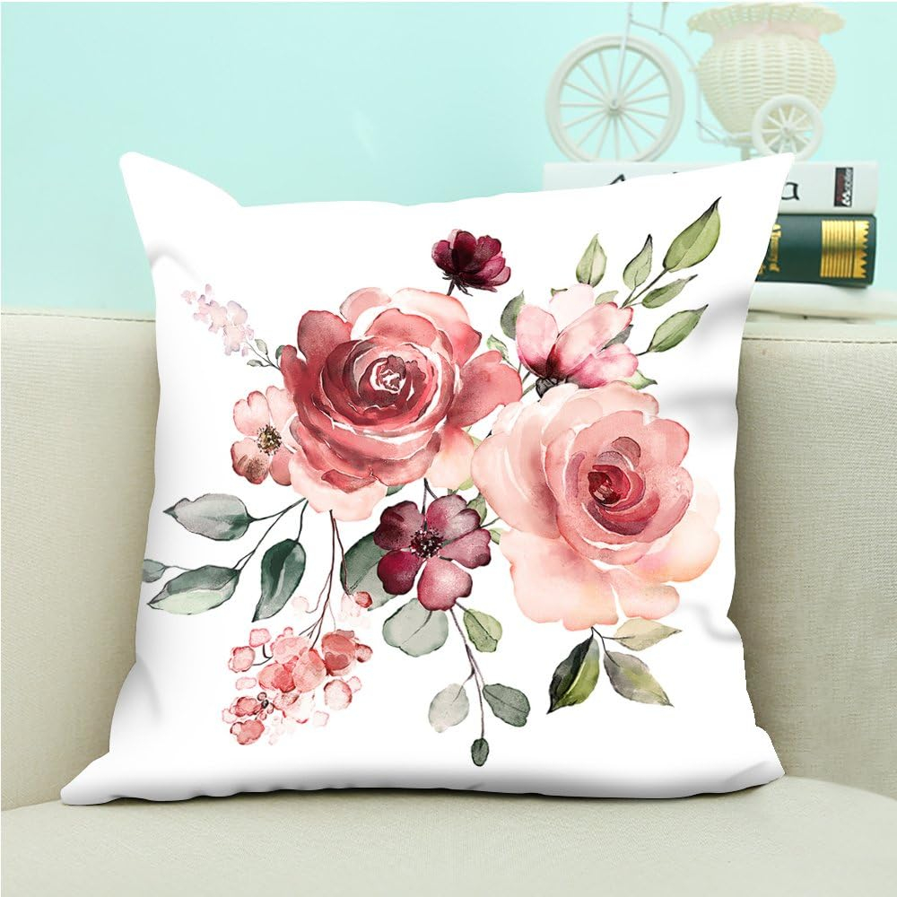 oFloral Flower Throw Pillow Cover Flower Floral Leaf Buds Pillow Case Square Decorative Cushion Cover for Sofa Couch Home Bedroom Indoor Outdoor Pillowcase 18 x 18 Inch Green Pink White