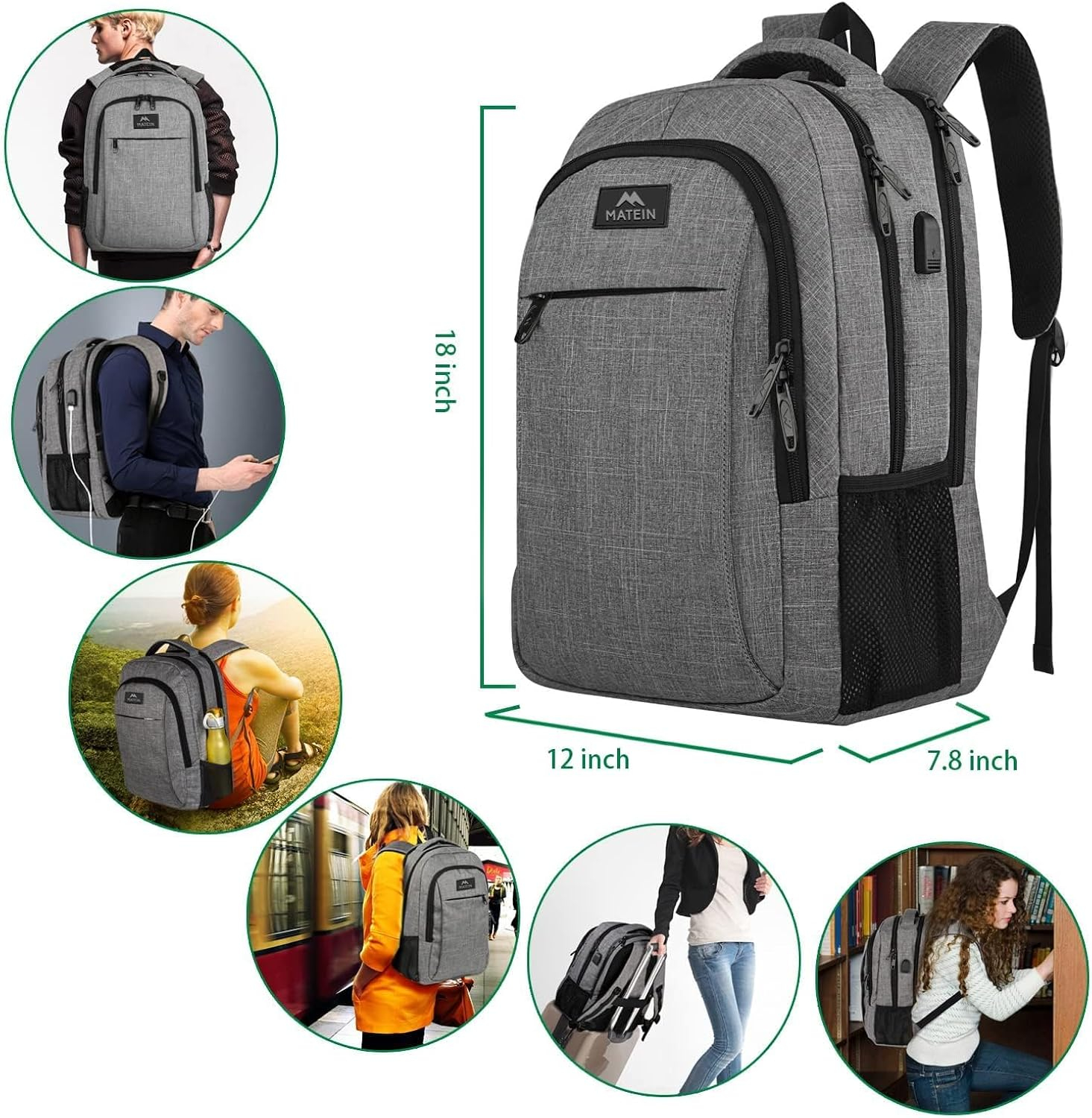 Gray Anti-Theft Water Resistant Laptop Backpack with USB Port