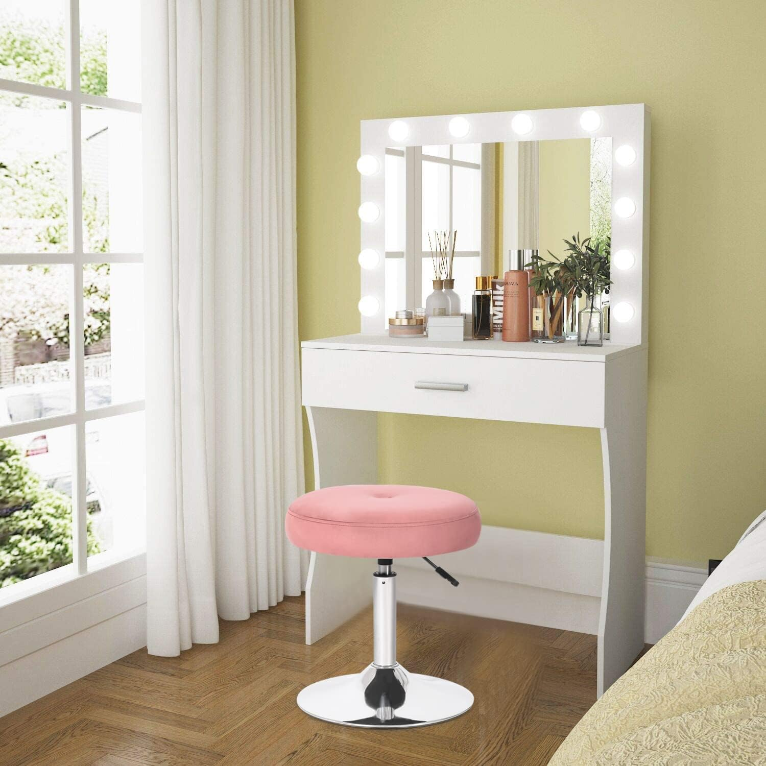 Adeco Modern Round Pink Vanity Stool Chair for Makeup Room, Height Adjustable 360 Swivel Foot Stools Piano Stool with Chromed Metal Base for Living Room, Bathroom, Office